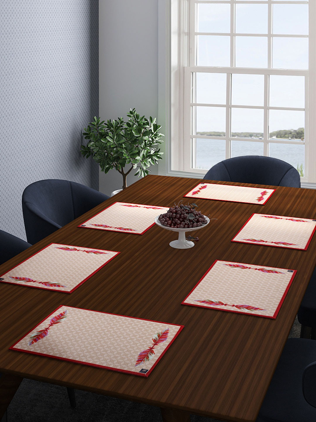 ROMEE Set of 6 Beige & Red Geometric Printed Table Mats