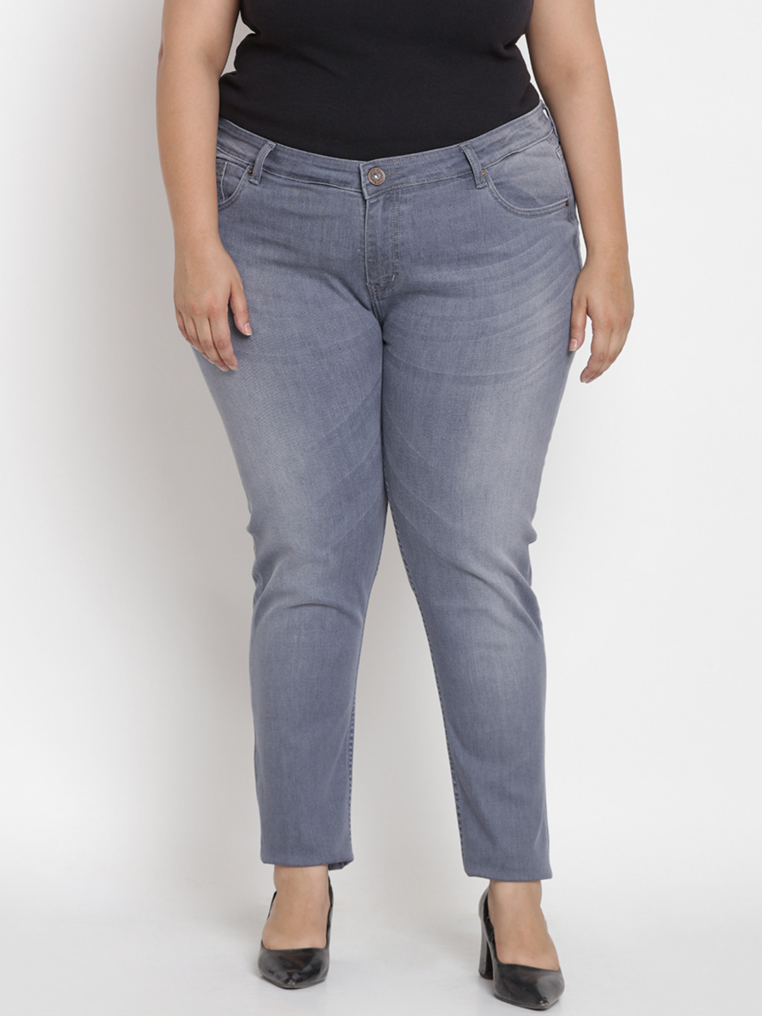 Kiaahvi by JOHN PRIDE Women Plus Size Grey Slim Fit Mid-Rise Clean Look Stretchable Jeans