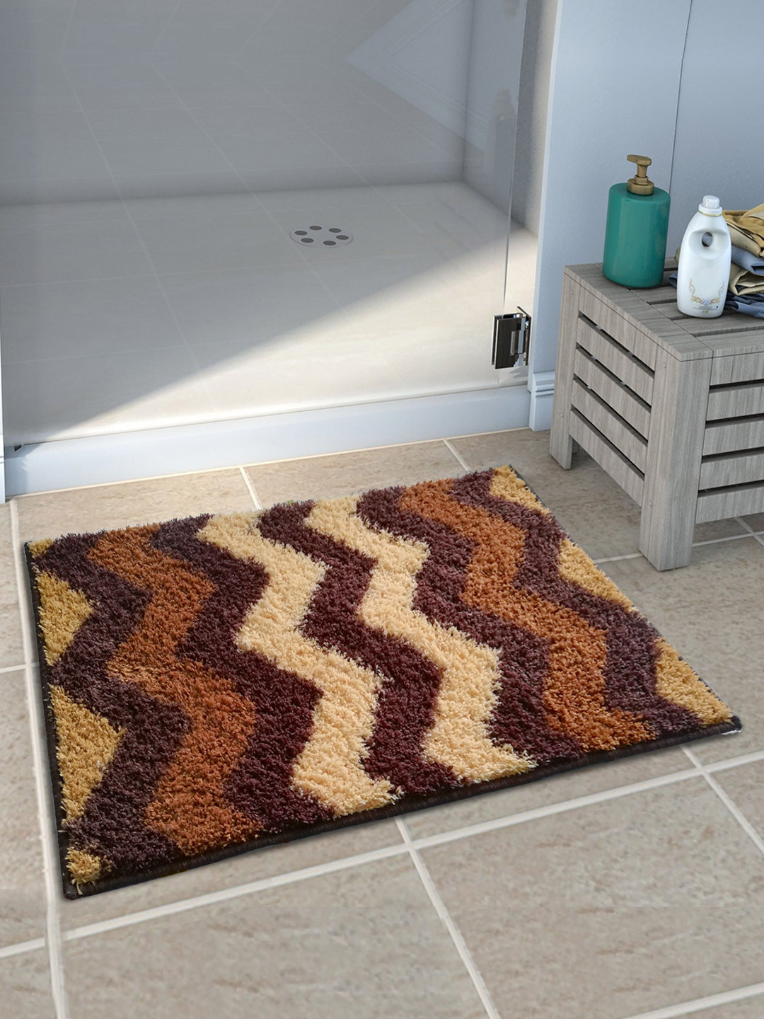 Athom Trendz Set of 3 Brown Patterned Anti Slip Bath Rugs