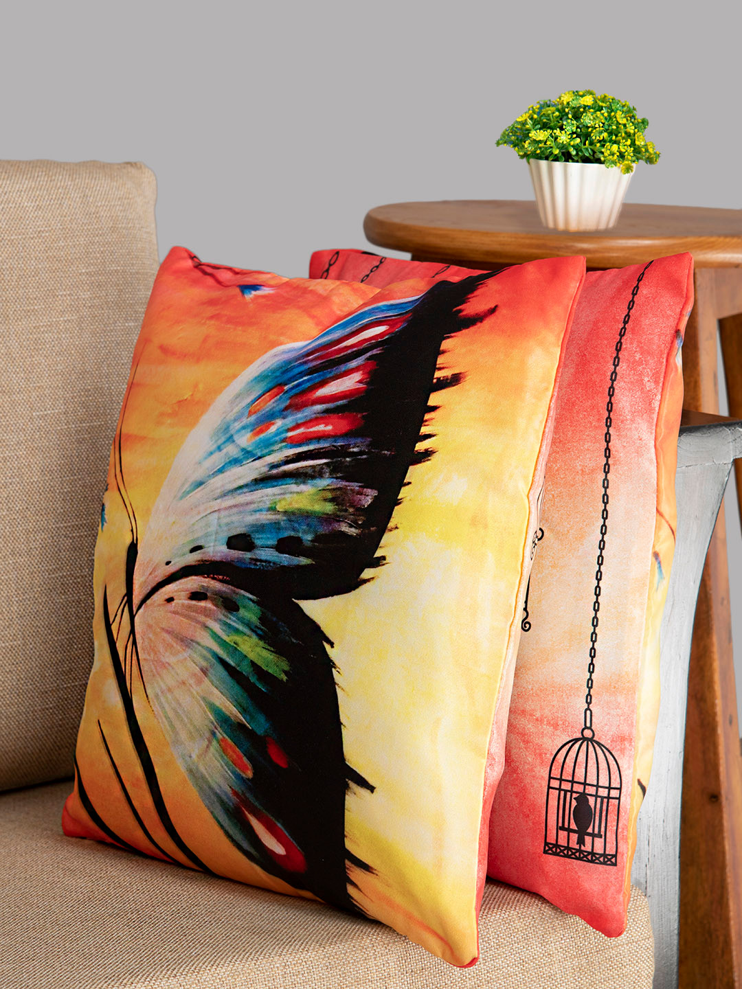 HOUZZCODE Orange & Black Set of 2 Abstract Square Cushion Covers