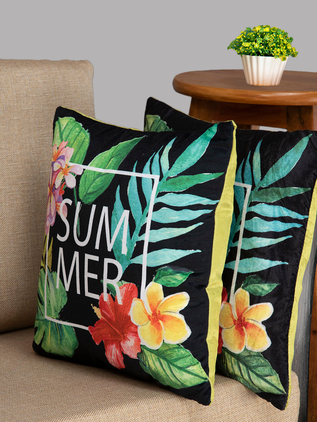 HOUZZCODE Summer Typography Polyester Washable 2 Pcs Square Cushion Covers - 16 x 16 In