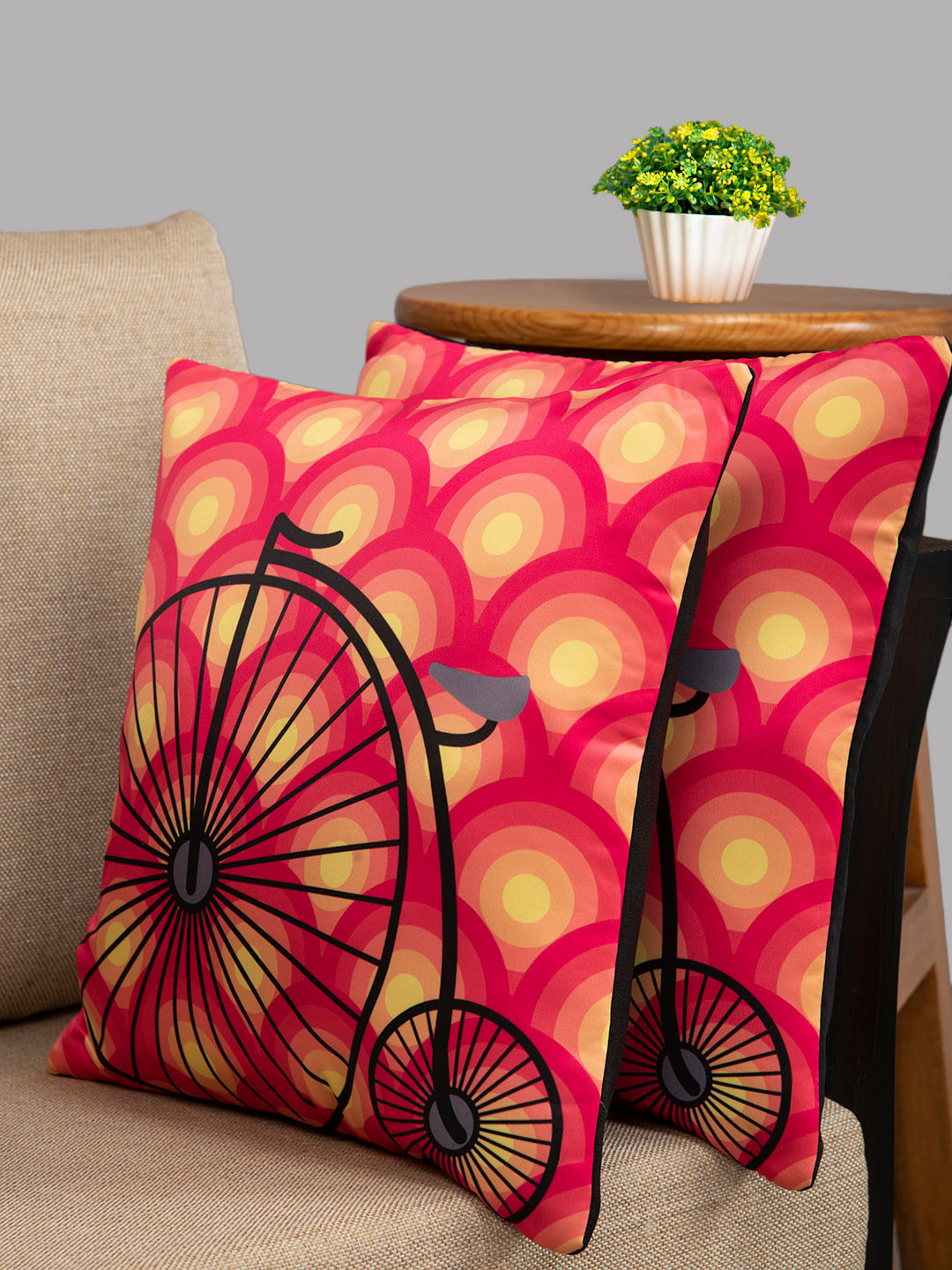 HOUZZCODE Vintage Cycle Geometric Polyester Washable 2 Pcs Cushion Covers - 16 x 16 In