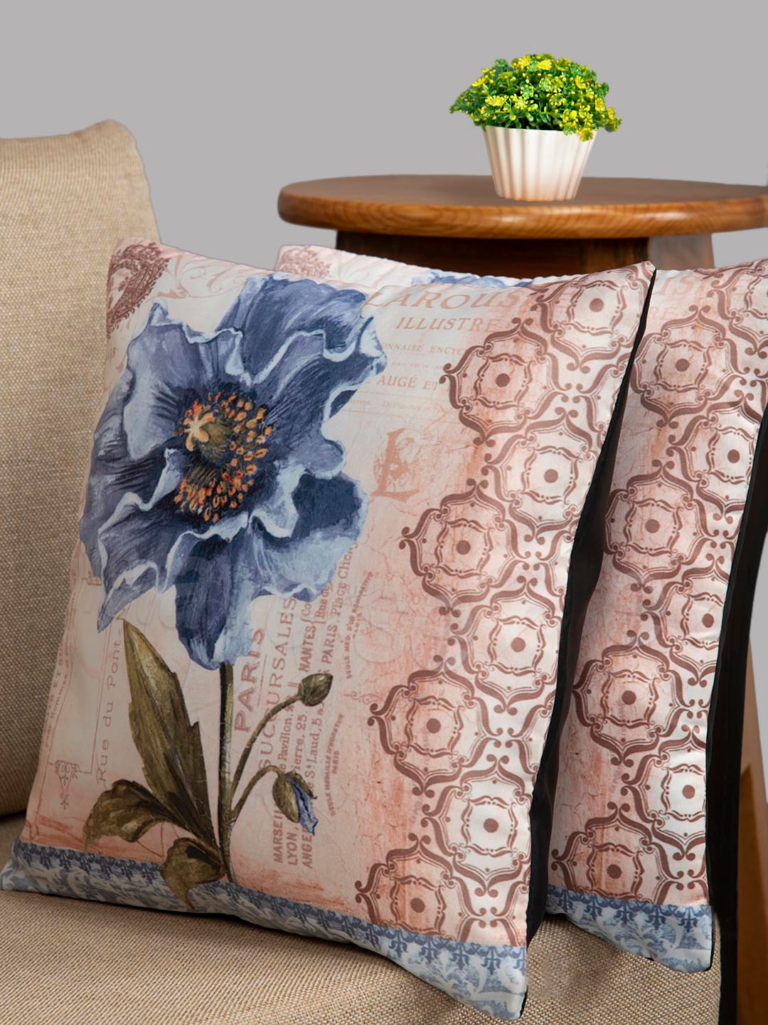 HOUZZCODE Beige & Blue Set of 2 Floral Square Cushion Covers