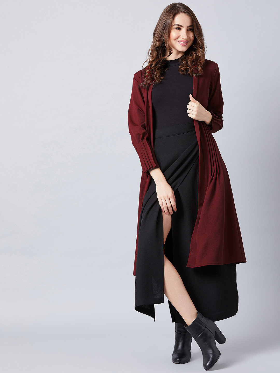 Athena Women Maroon Solid Open Front Shrug