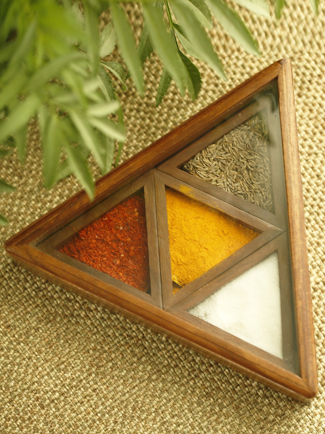 ExclusiveLane Brown Sheesham Wood Pyramid 4 Containers Spice Box With Spoon