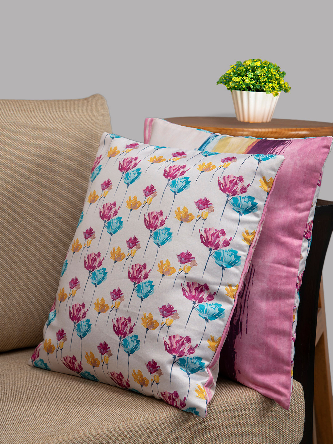 HOUZZCODE Off White Floral Polyester Washable 2 Piece Square Cushion Covers -16x16In