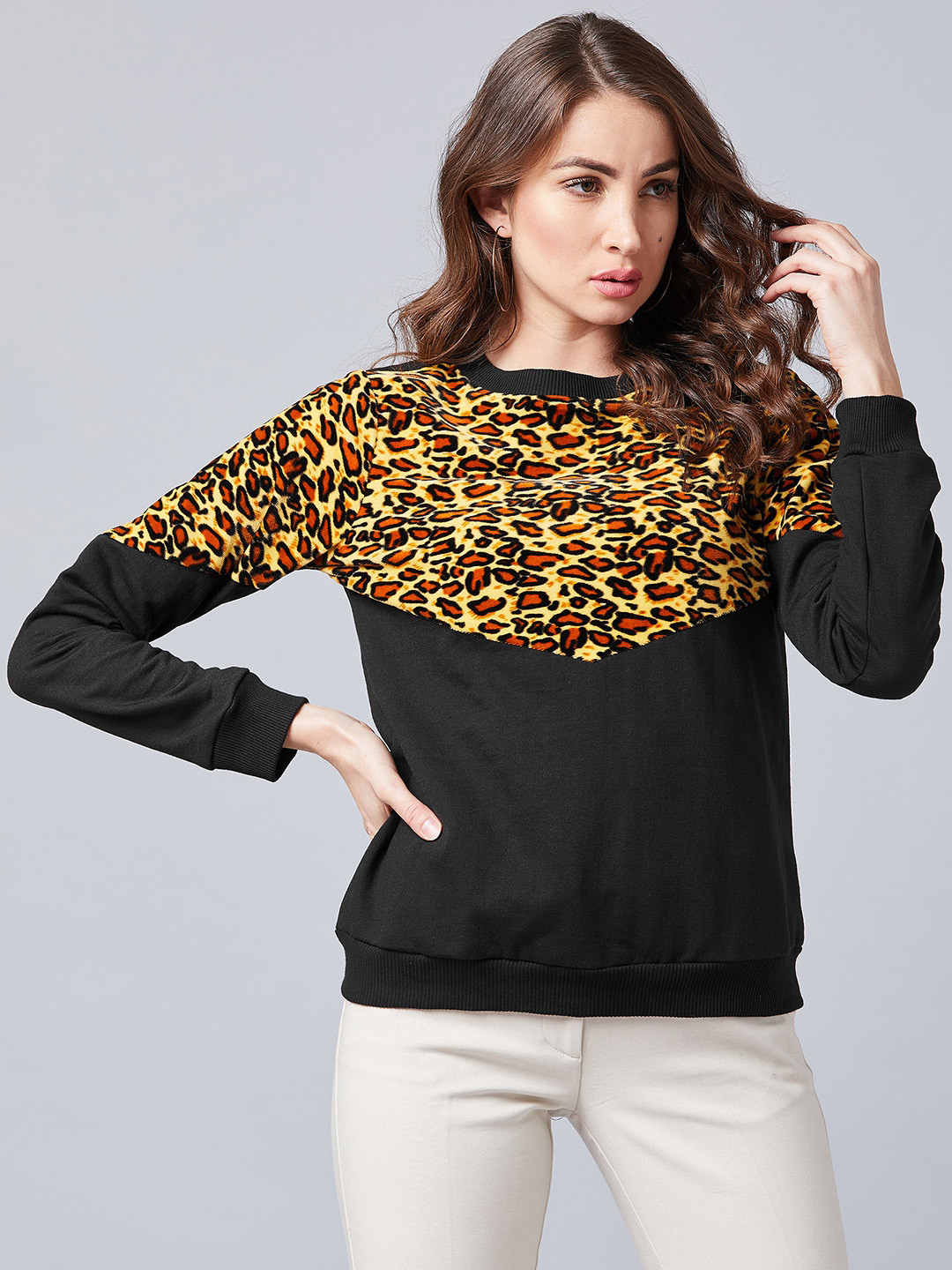Athena Women Black & Yellow Animal Printed Sweatshirt
