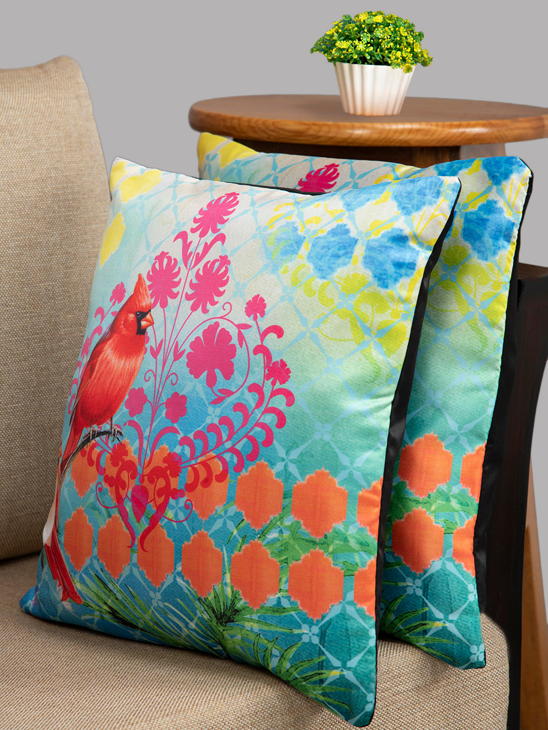 HOUZZCODE Green & Blue Set of 2 Birds Shadding Square Cushion Covers