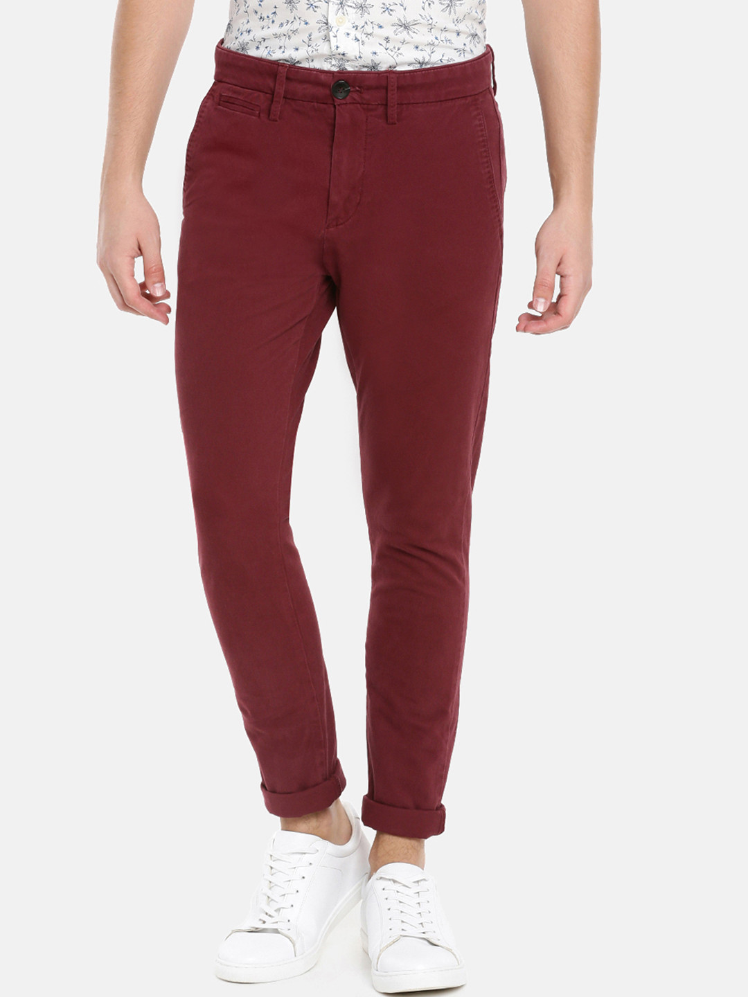 Celio Men Maroon Skinny Fit Solid Regular Trousers