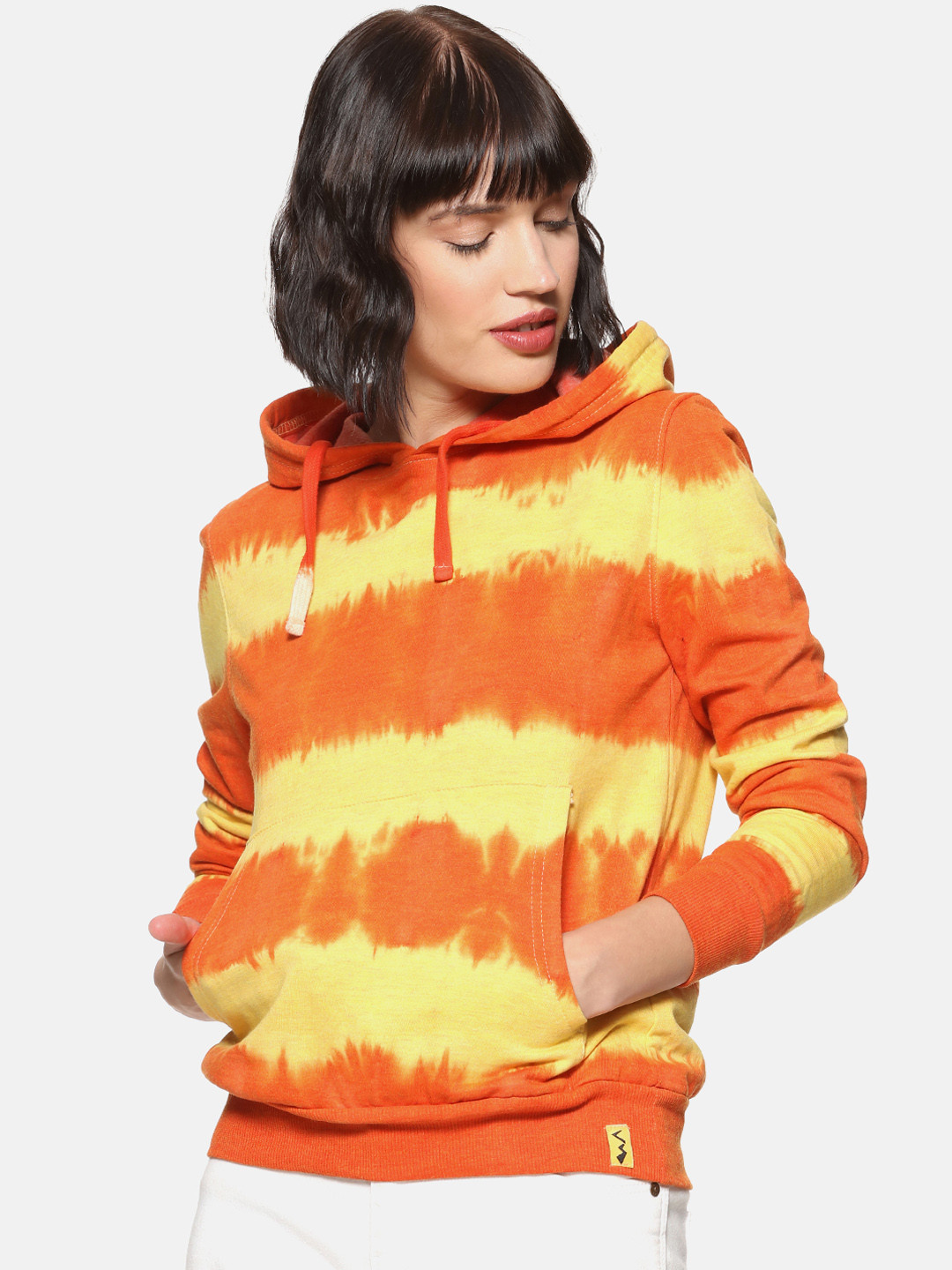 Campus Sutra Women Orange & Yellow Tie and Dye Hooded Sweatshirt