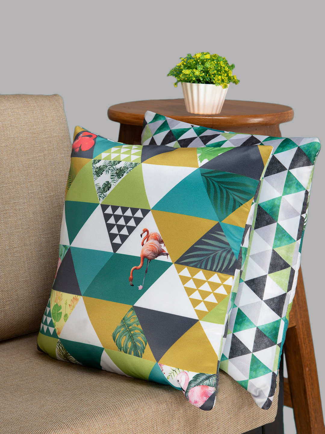 HOUZZCODE Abstract Green Geometric Polyester Silk Washable 2 Pcs Cushion Covers -16x16In