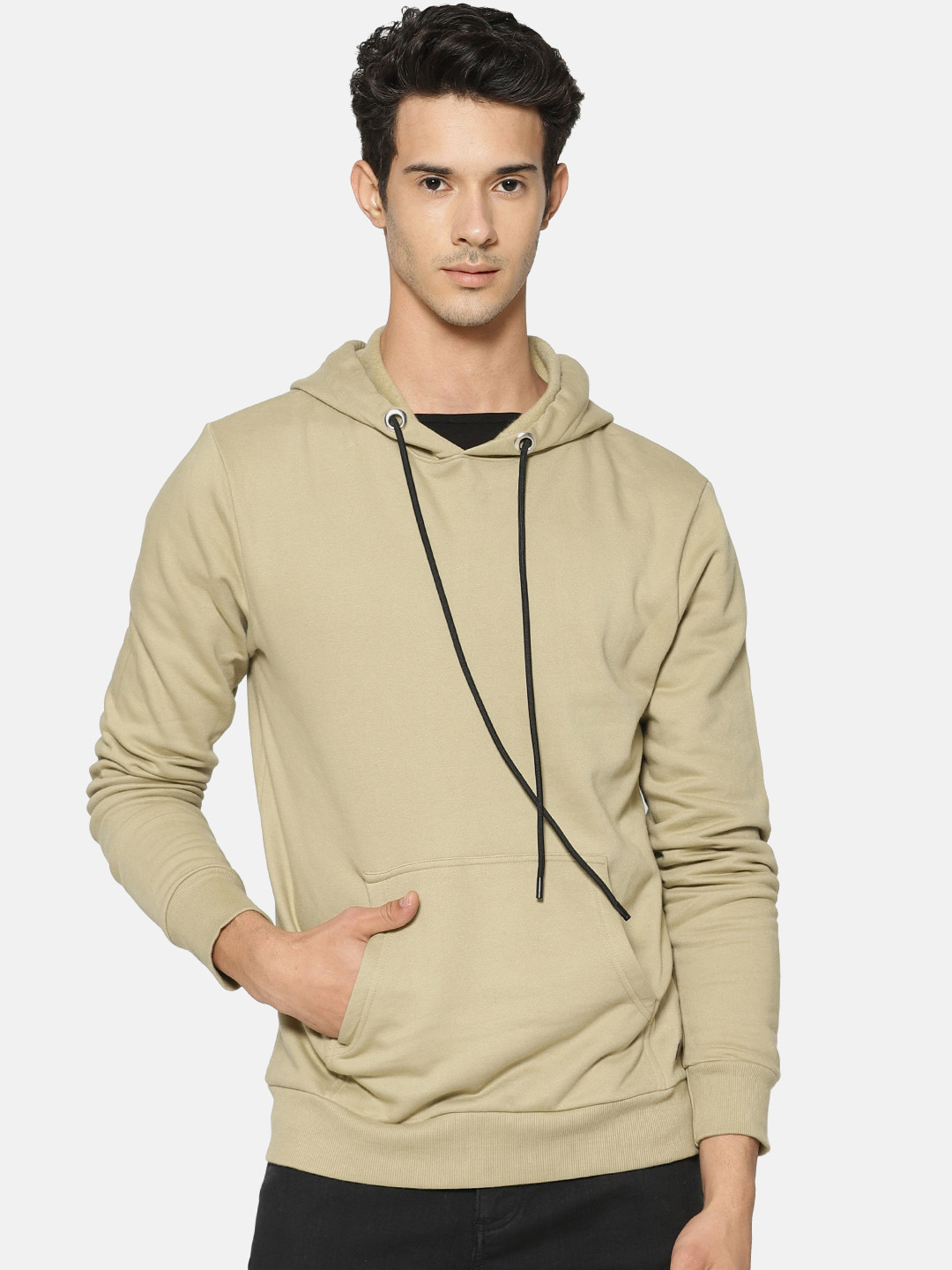 Campus Sutra Men Khaki Solid Hooded Sweatshirt