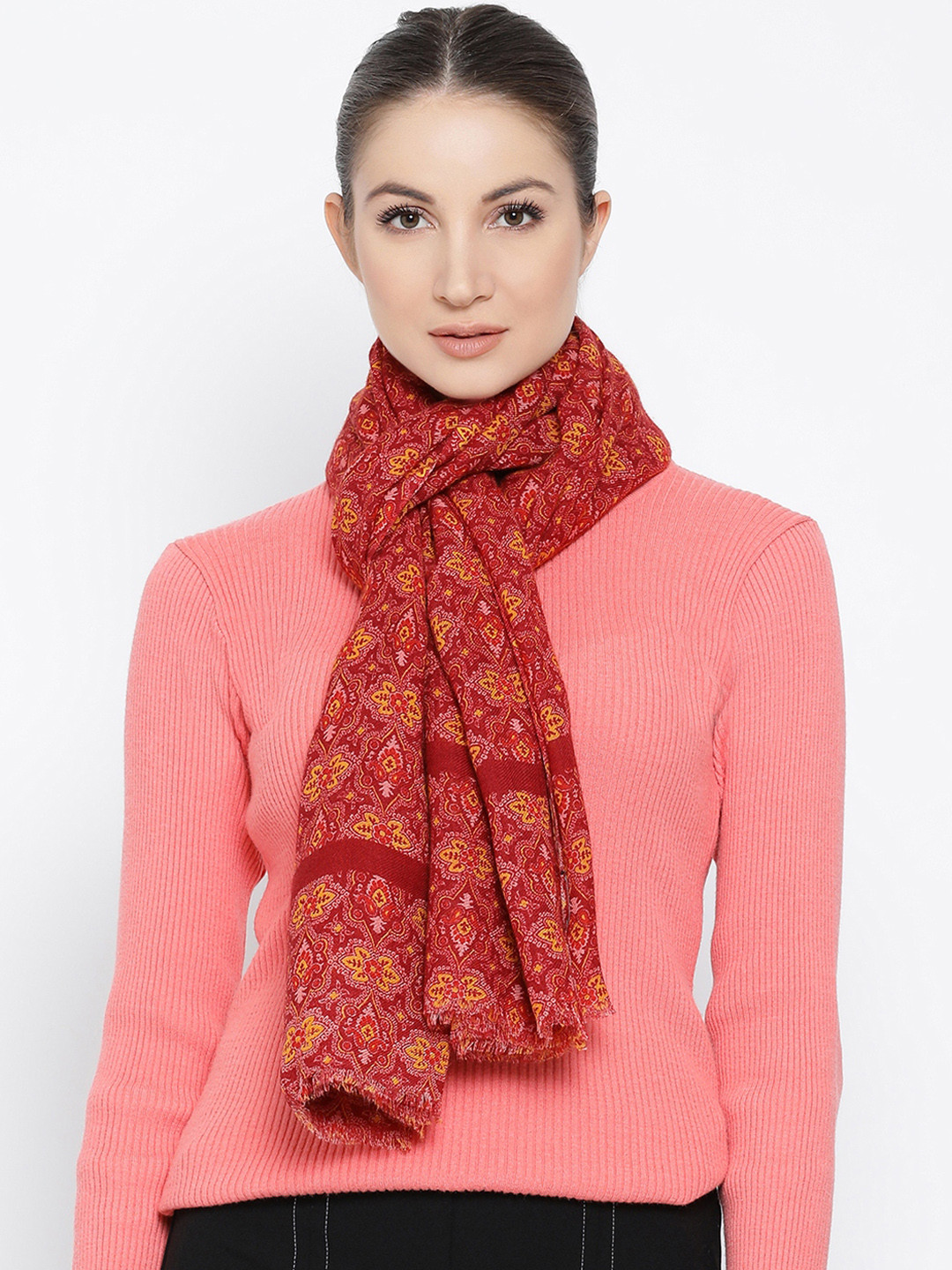 Shingora Wome Maroon and Orange Printed Shawl