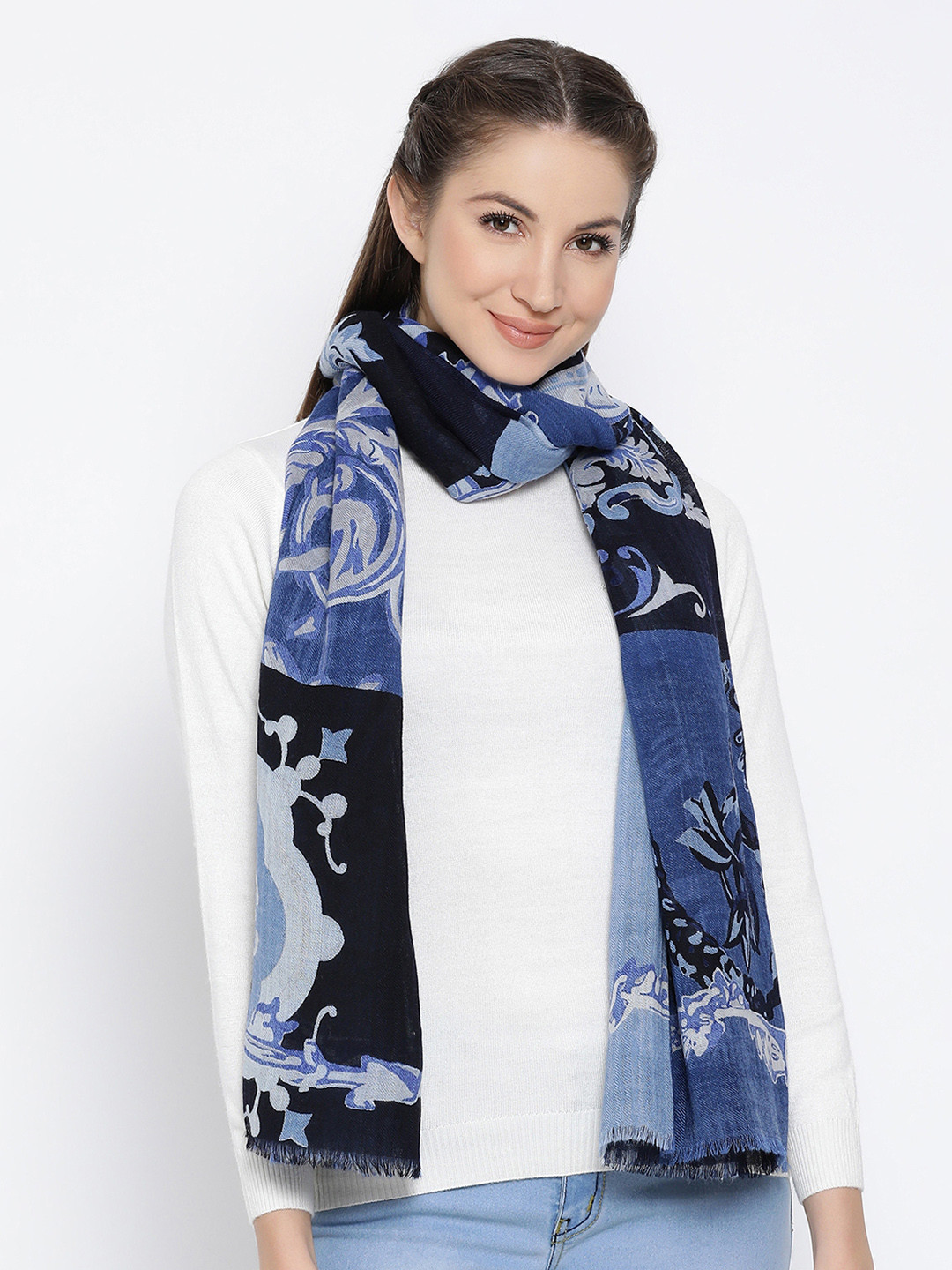 Shingora Women Blue and Black Printed Woolen Shawl