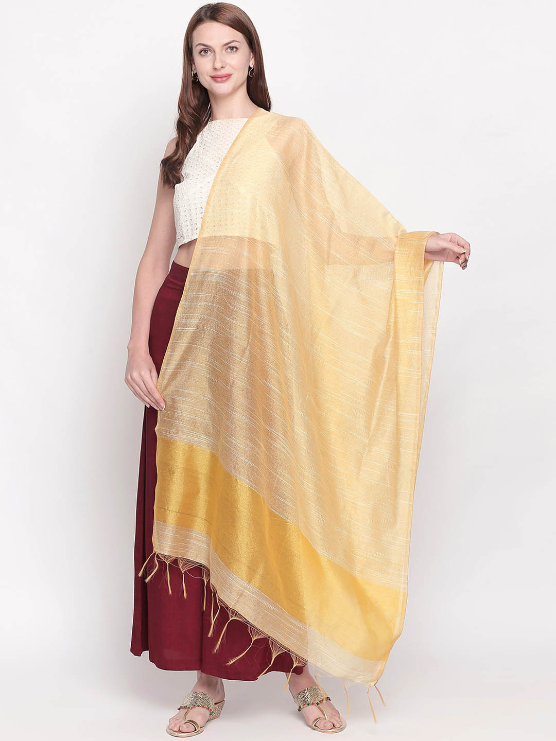 Dupatta Bazaar Women Yellow & Gold-Toned Striped Dupatta