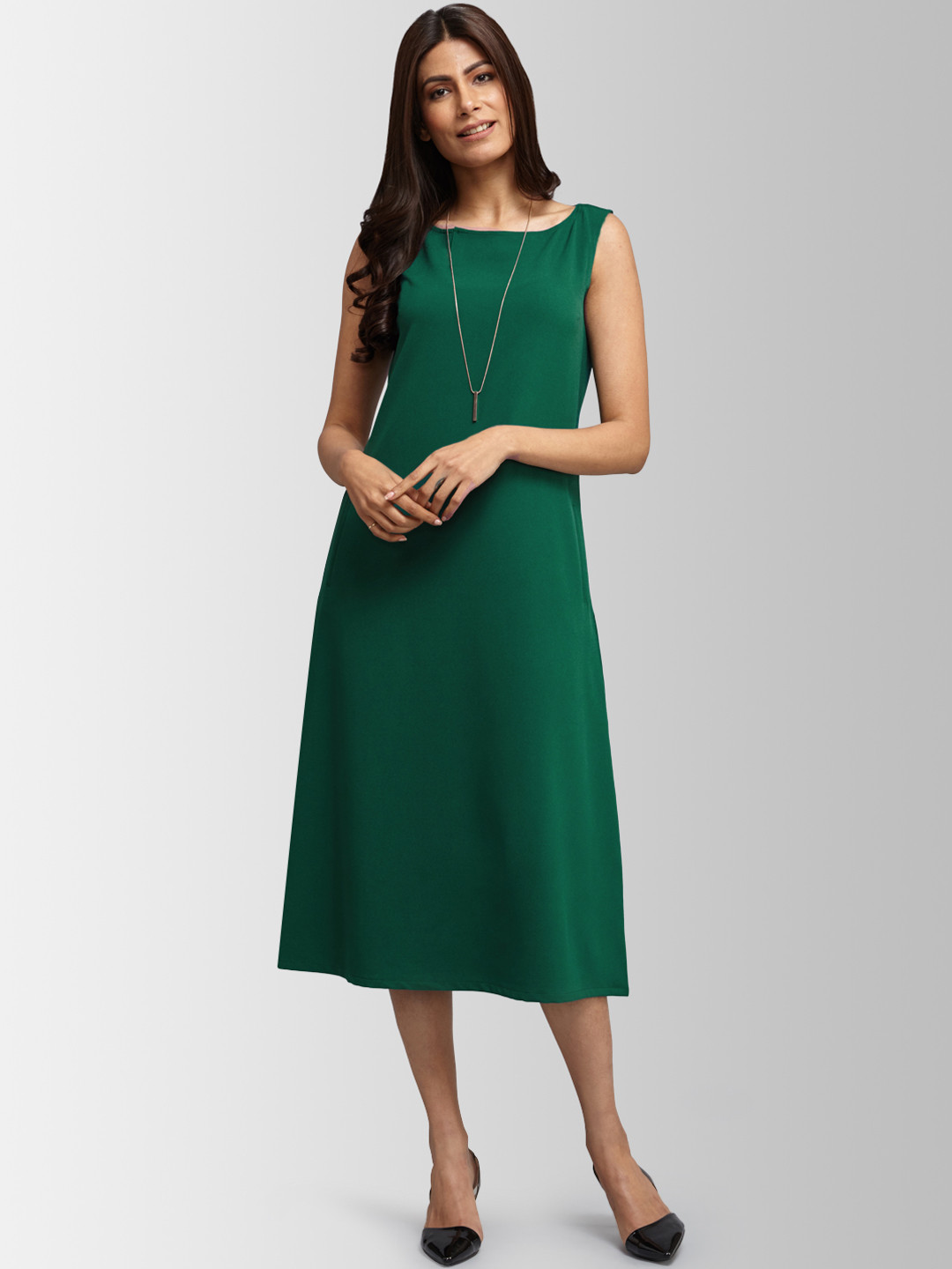 FableStreet Women Solid Green A-Line Dress