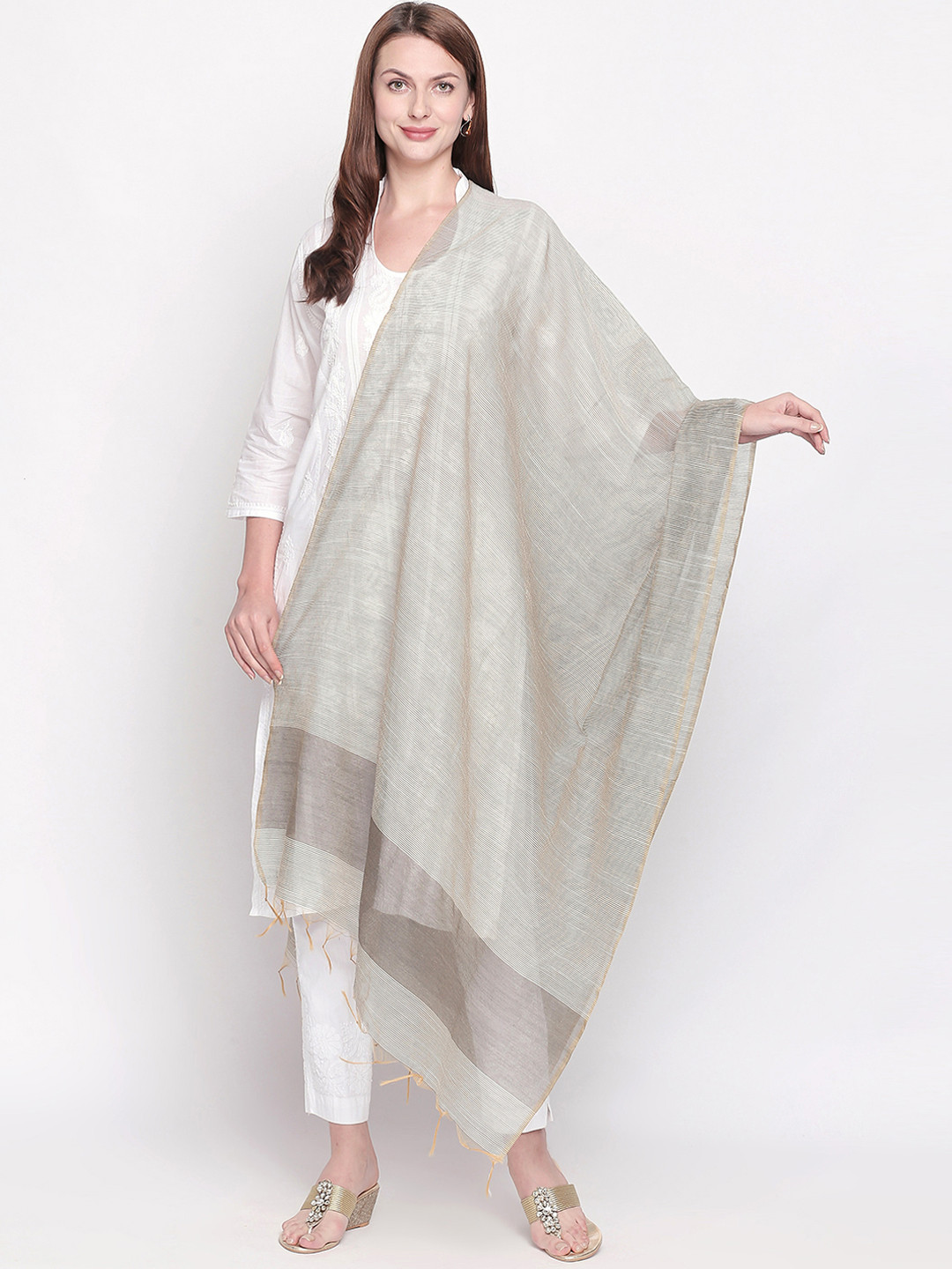 Dupatta Bazaar Grey & Gold-Toned Woven Design Dupatta
