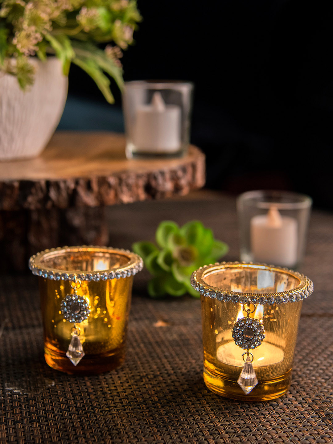 Homesake Gold-Toned Set of 2 Glass Votive with Jewel Ring and Dangler