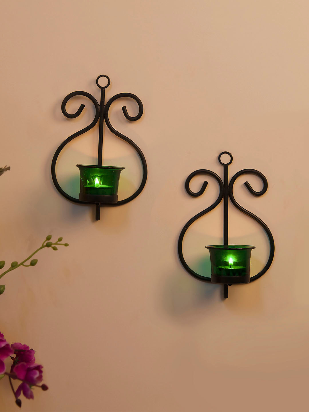 Homesake Set of 4 Black & Green Candle Holders With Candles