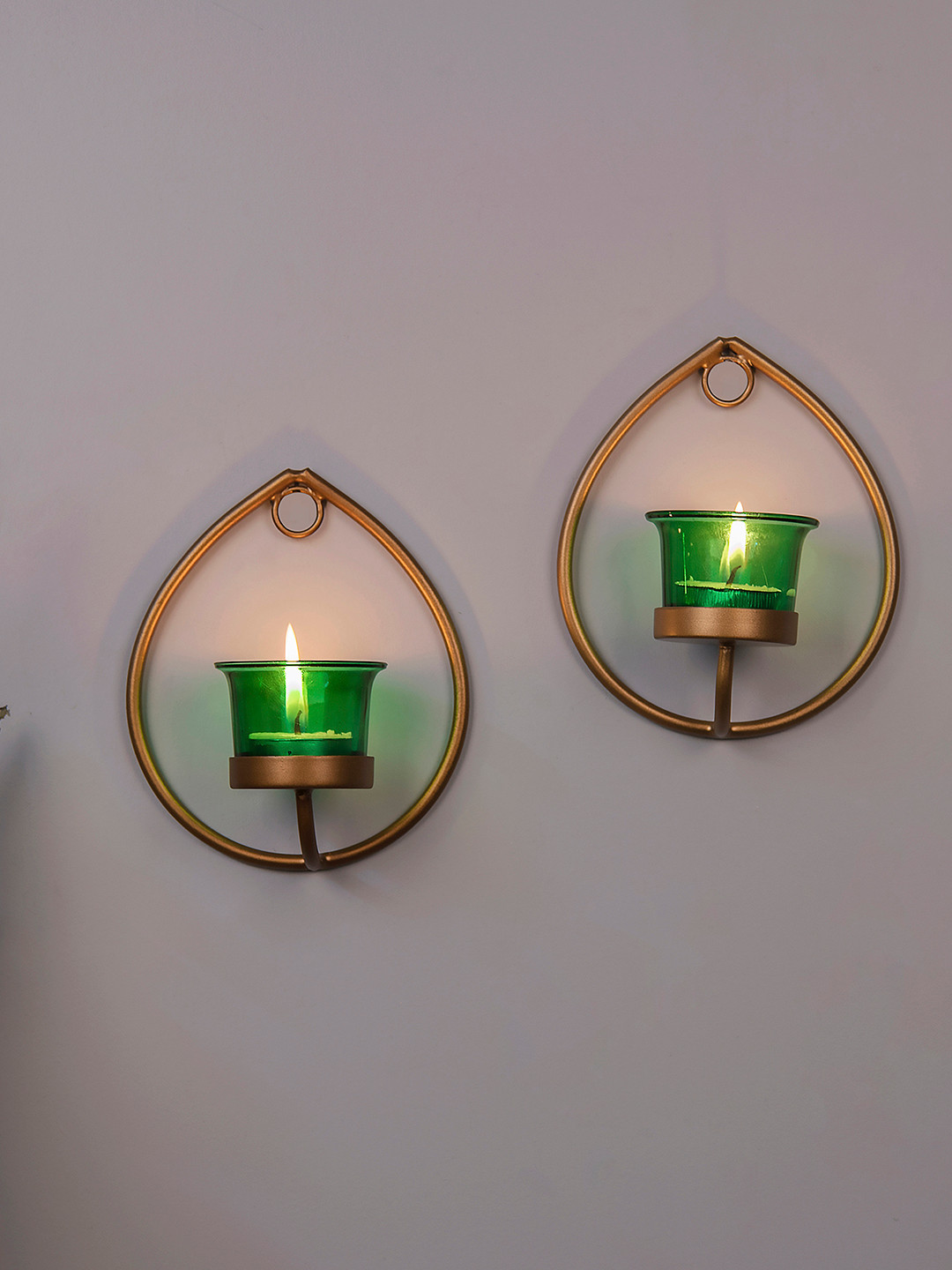 Homesake Set of 4 Gold-Toned & Green Candle Holders With Free T-light Candles