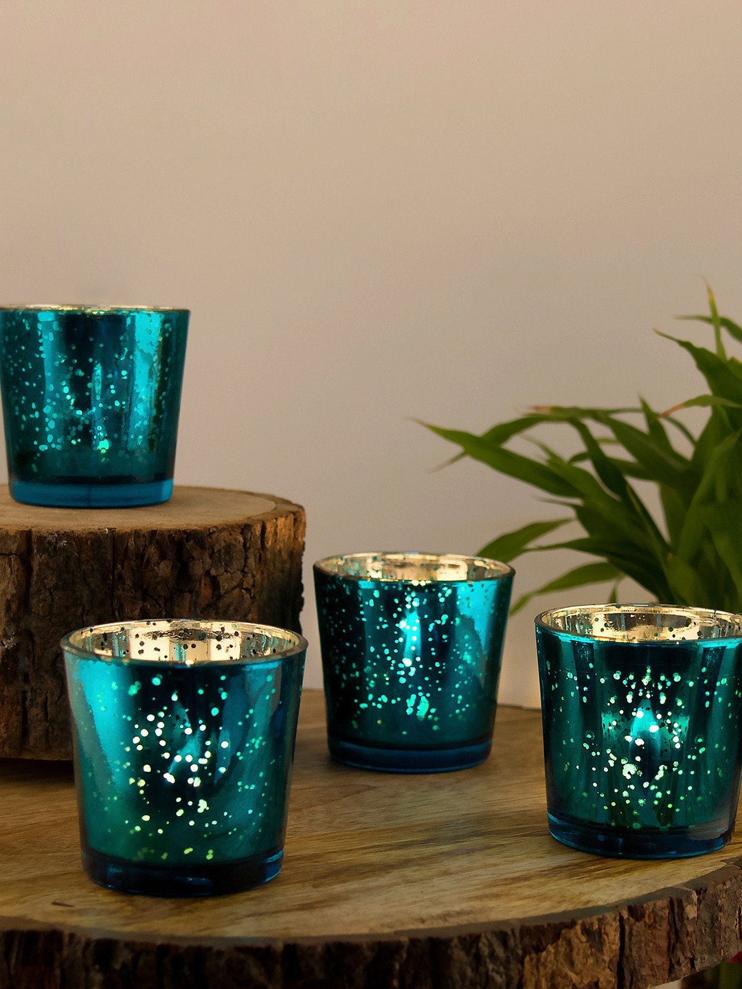 Homesake Set of 4 Blue & Mercury Silver T-Light Holders With Candles