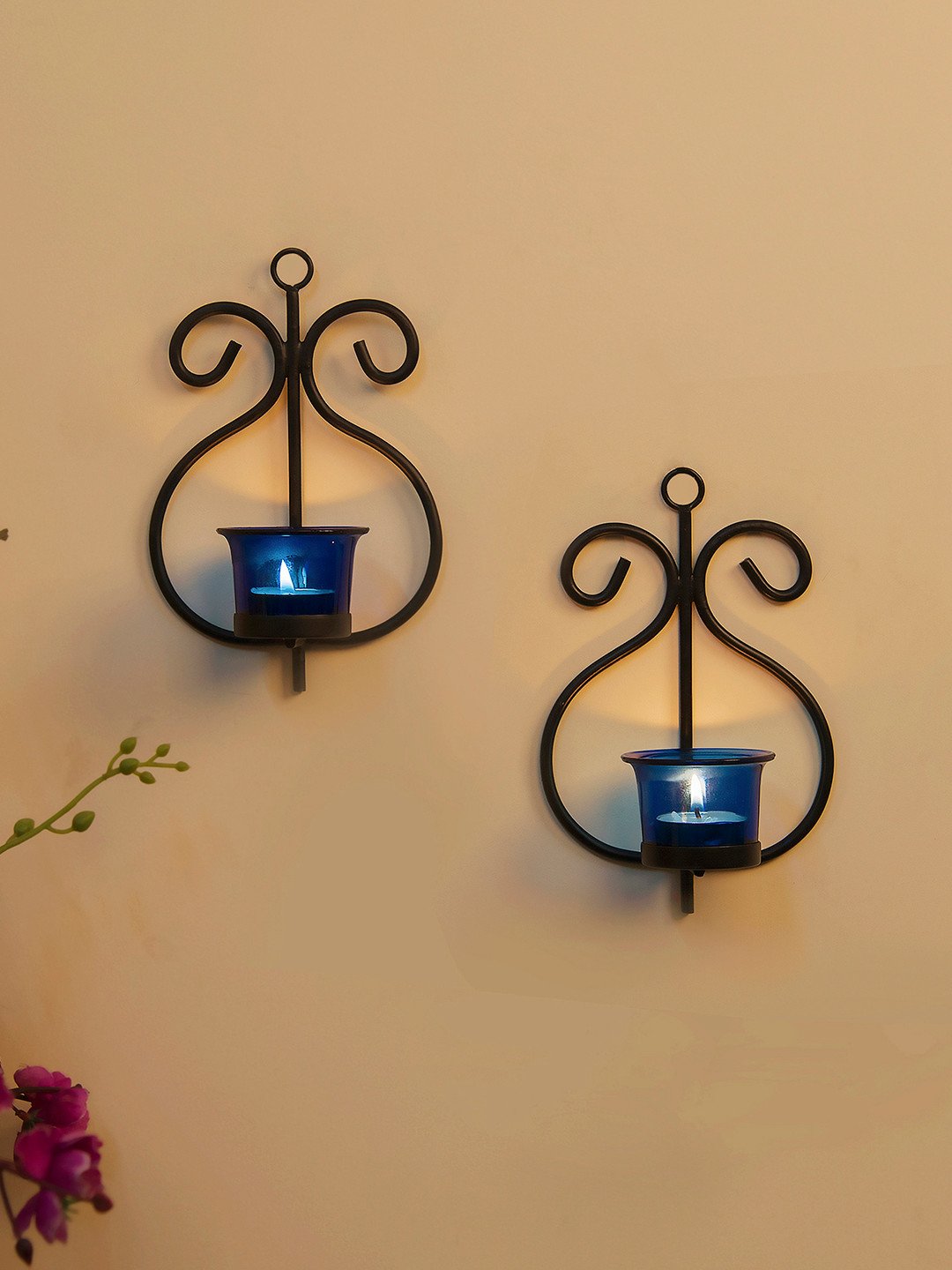 Homesake Set of 4 Black & Blue Candle Holders With Free T-light Candles