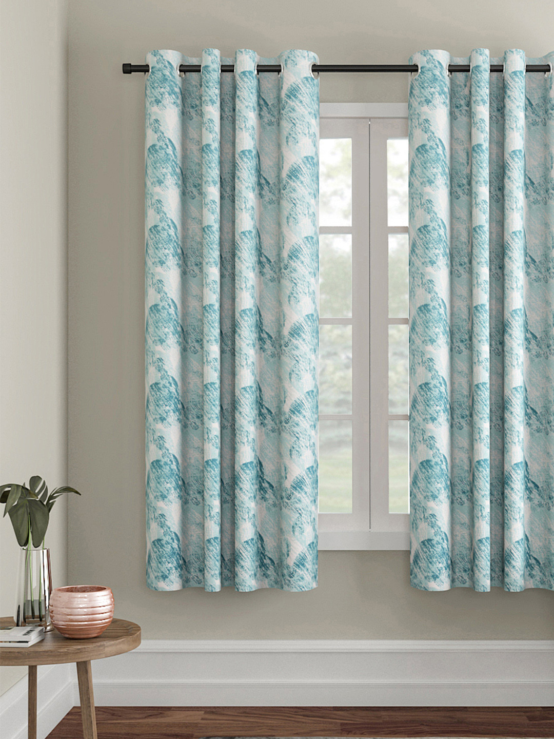 Soumya Blue & White Printed Single Room Darkening Window Curtain