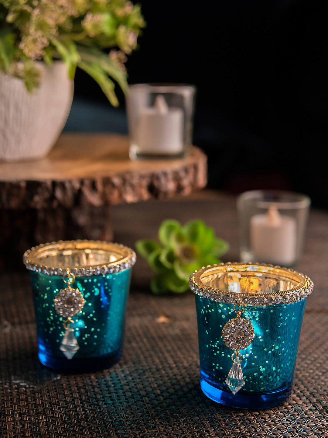 Homesake Blue Set of 2 Glass Votives with Jewel Ring and Dangler