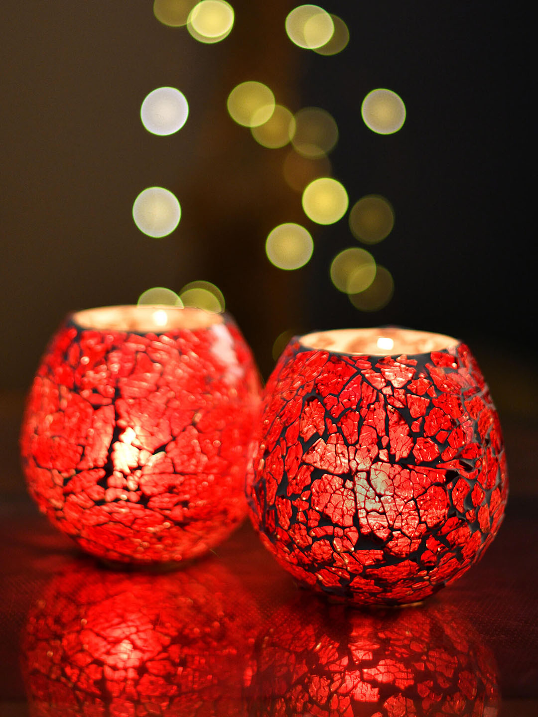 Homesake Set of 2 Red Glass Crackle Mosaic Tea Light Candle Holders