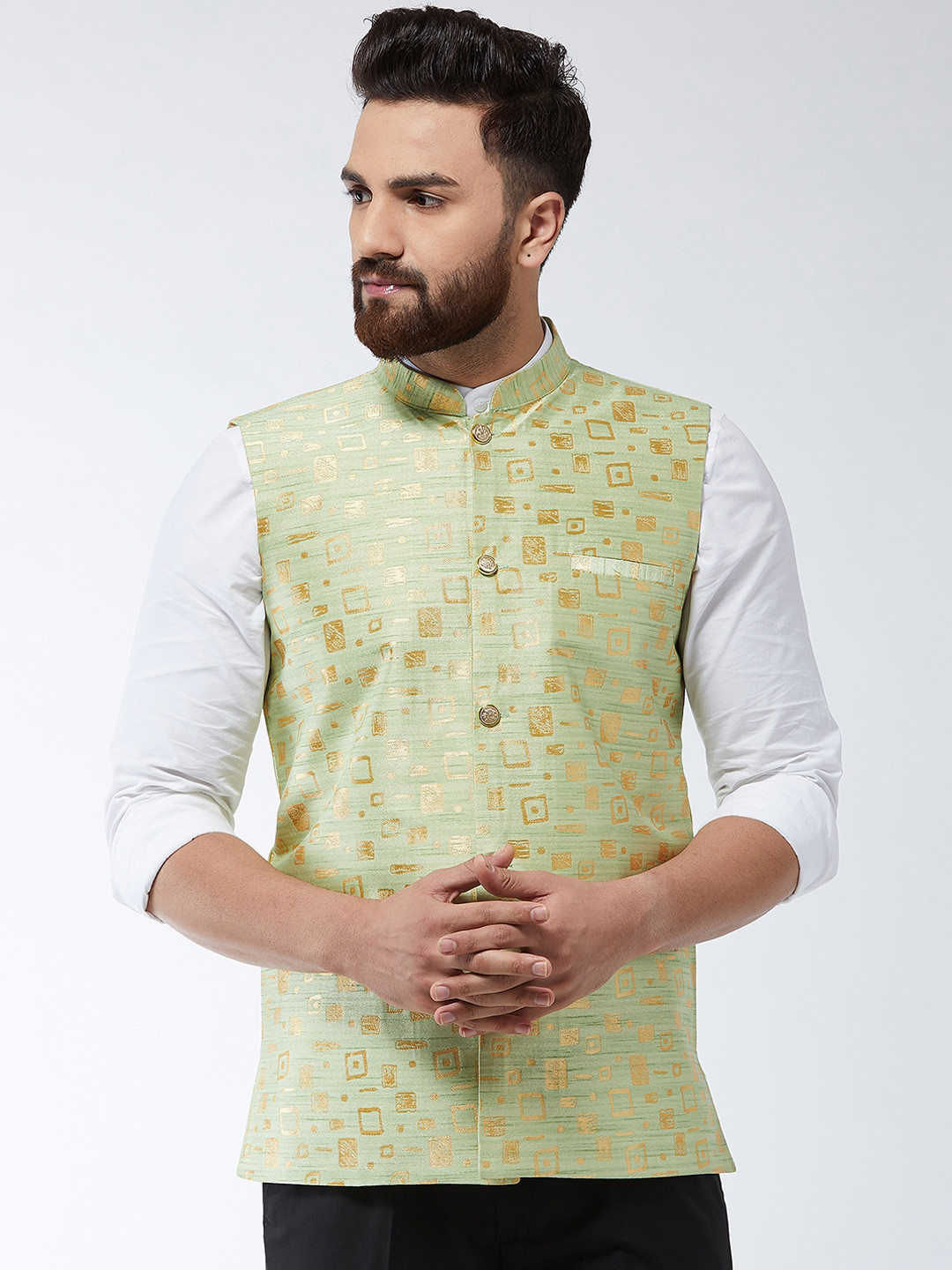 SOJANYA Men Green & Gold-Coloured Woven Design Nehru Jacket