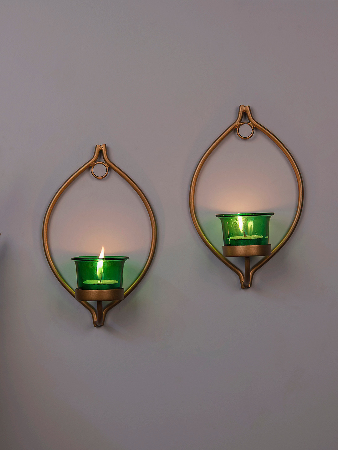 Homesake Set of 2 Gold-Toned & Green Candle Holders With Candles