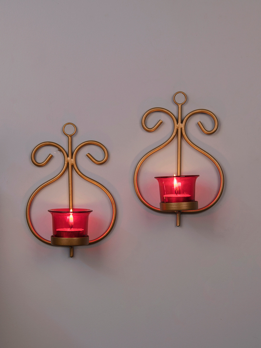 Homesake Set of 4 Gold-Toned & Red Candle Holders With Candles