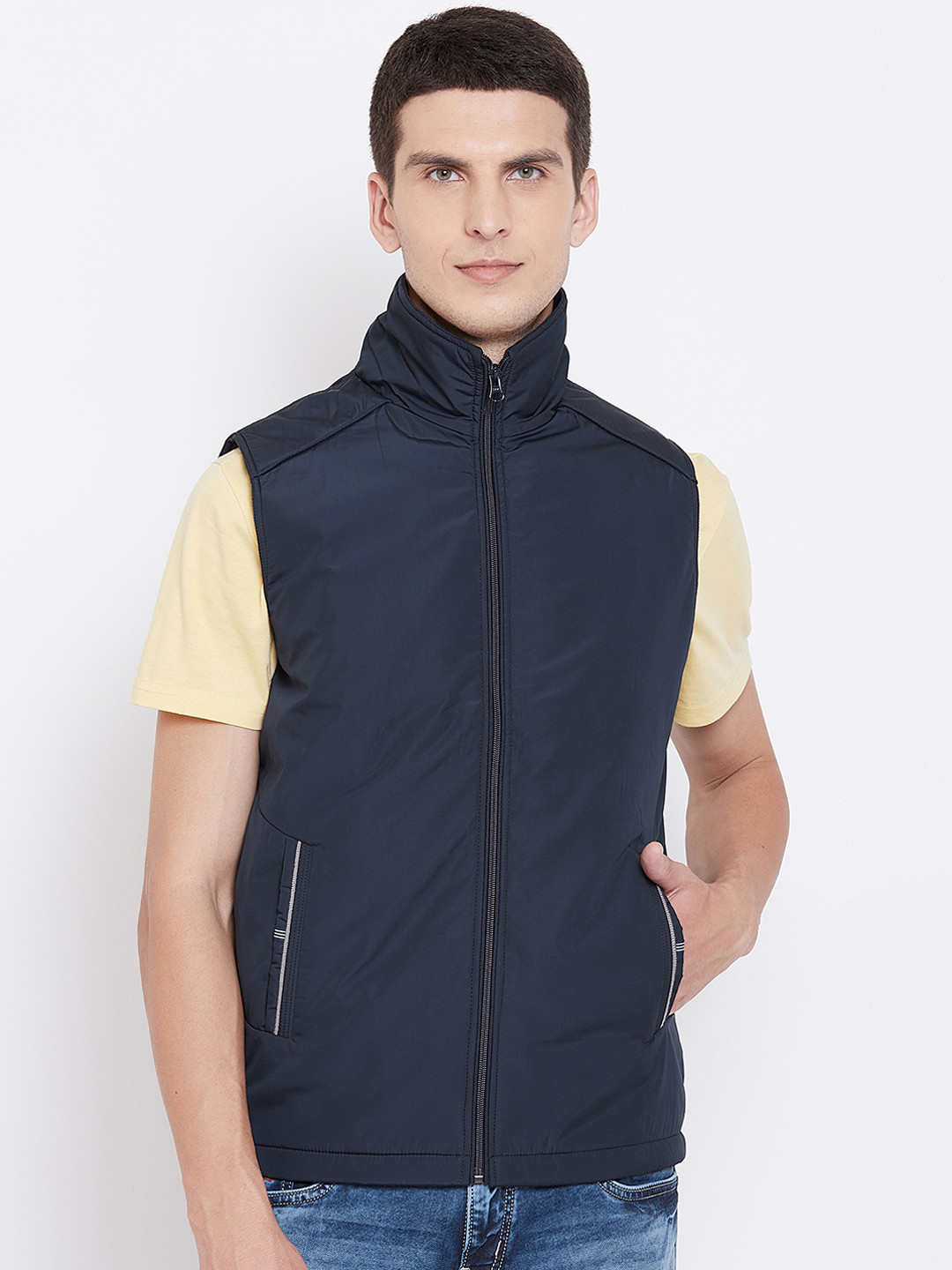 Spirit Men Navy Blue Solid Padded Windcheater Jacket
