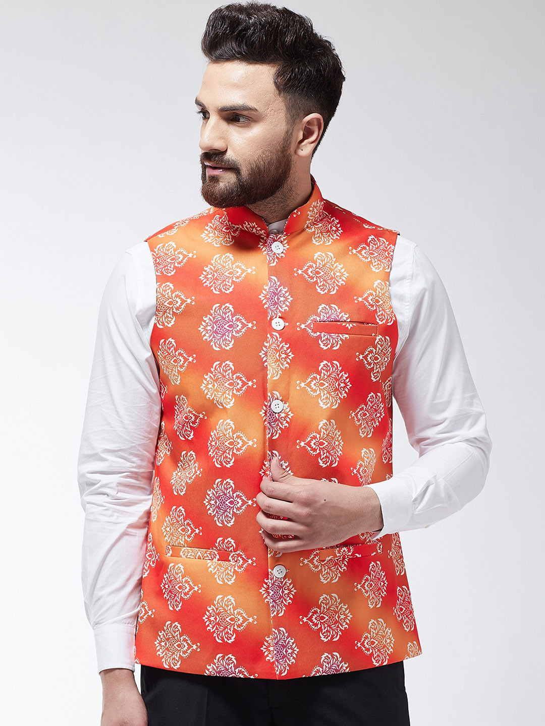 SOJANYA Men Orange & Off-White Printed Nehru Jacket