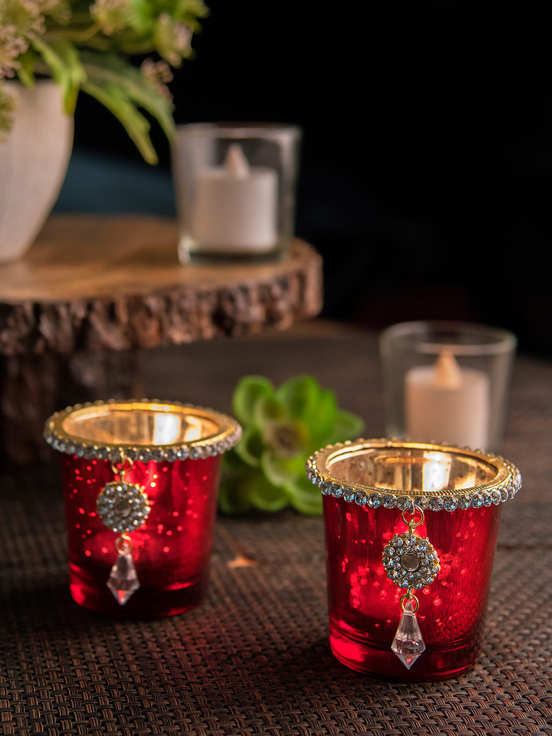 Homesake Red Set of 2 Glass Votive with Jewel Ring and Dangler