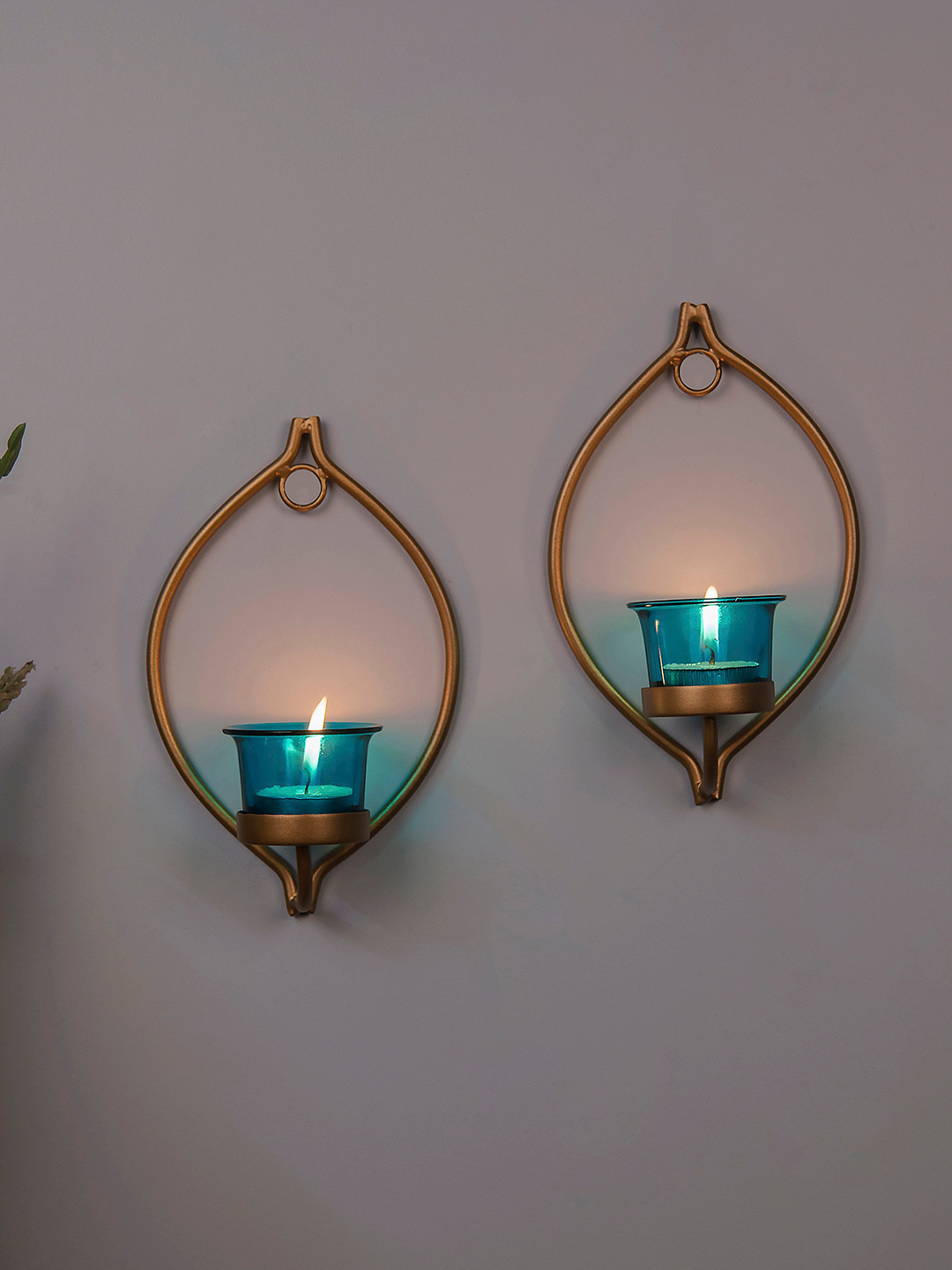 Homesake Set of 2 Gold-Toned & Turquoise Blue Candle Holders With Candles