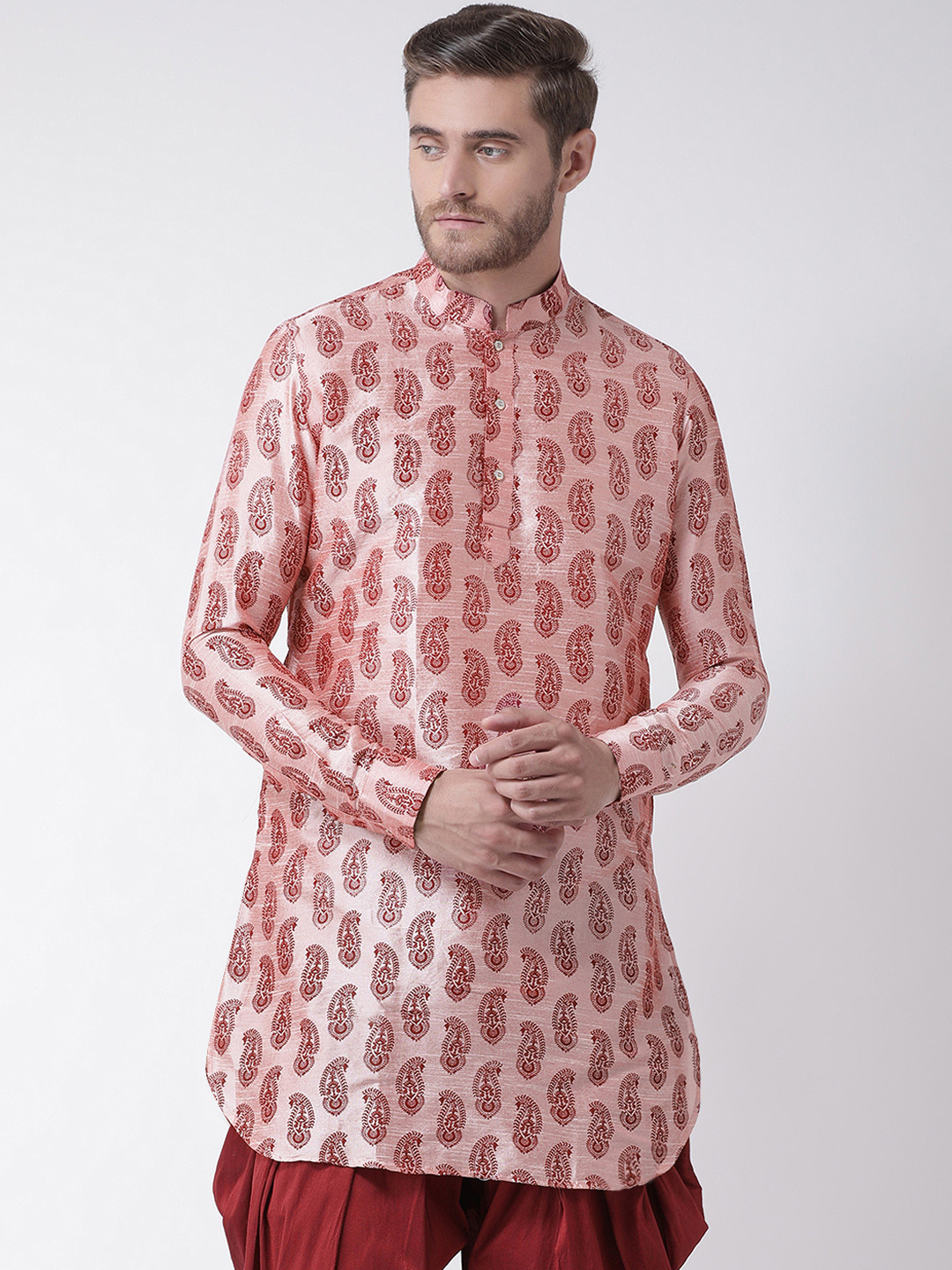 DEYANN Men Pink & Maroon Printed Straight Kurta
