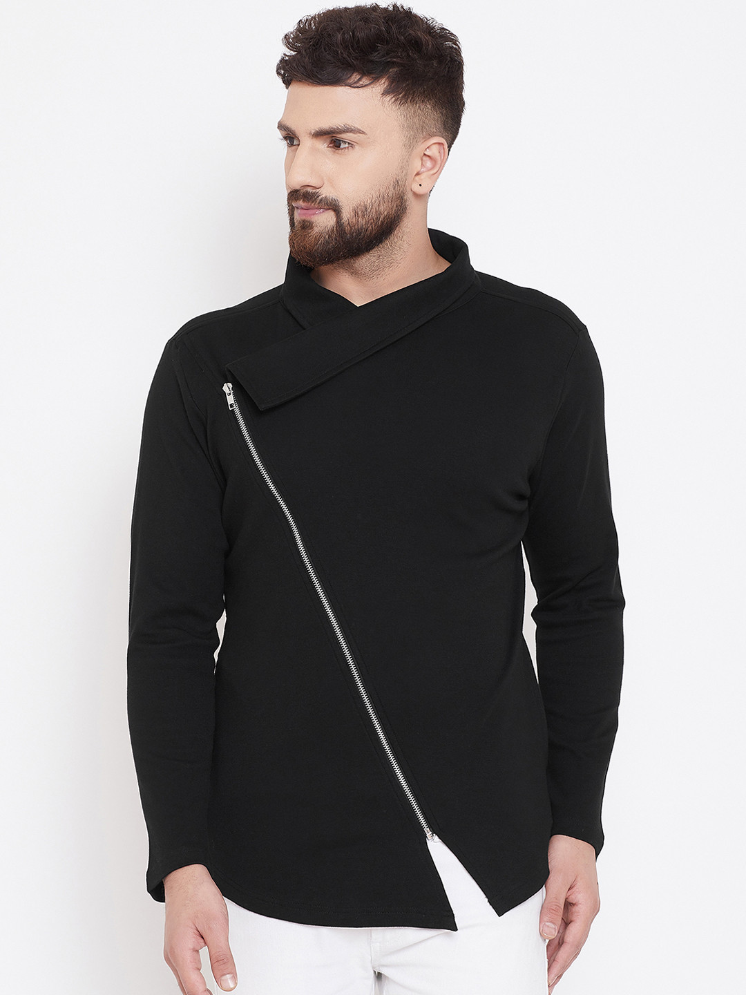 Hypernation Men Black Solid Zipper Pure Cotton T-shirt