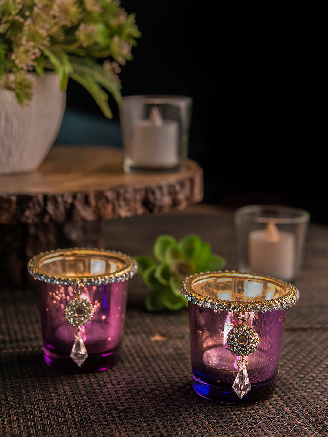 Homesake Violet Set of 2 Glass Votive with Jewel Ring and Dangler