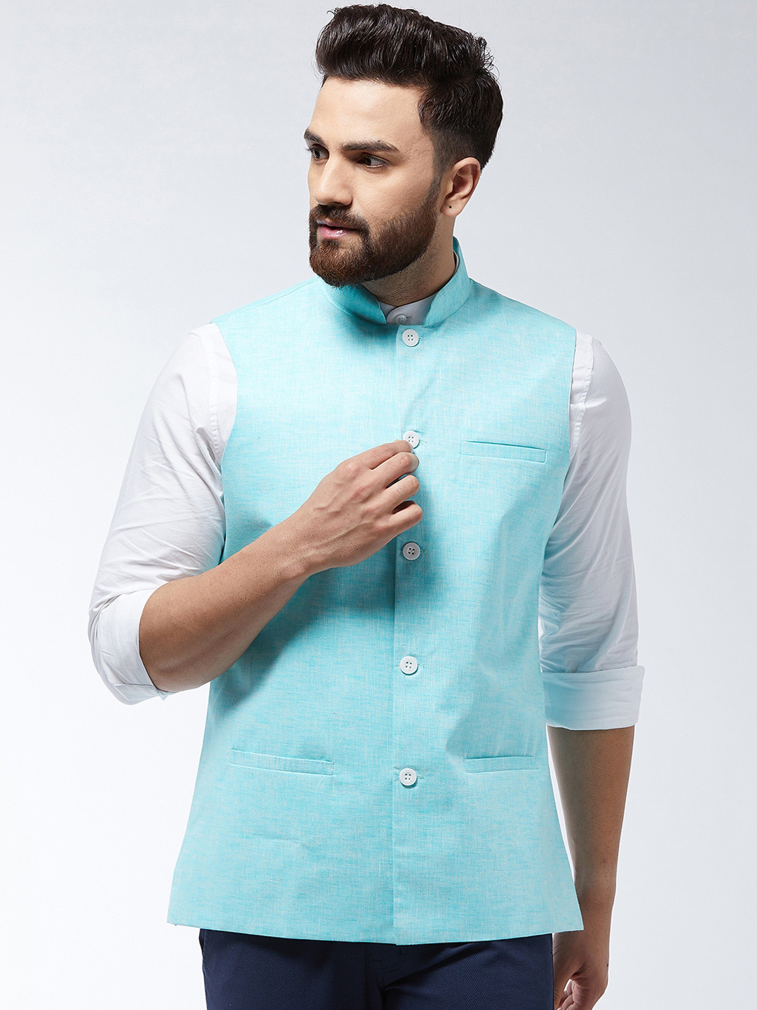 SOJANYA Men Turquoise Blue Solid Nehru Jacket