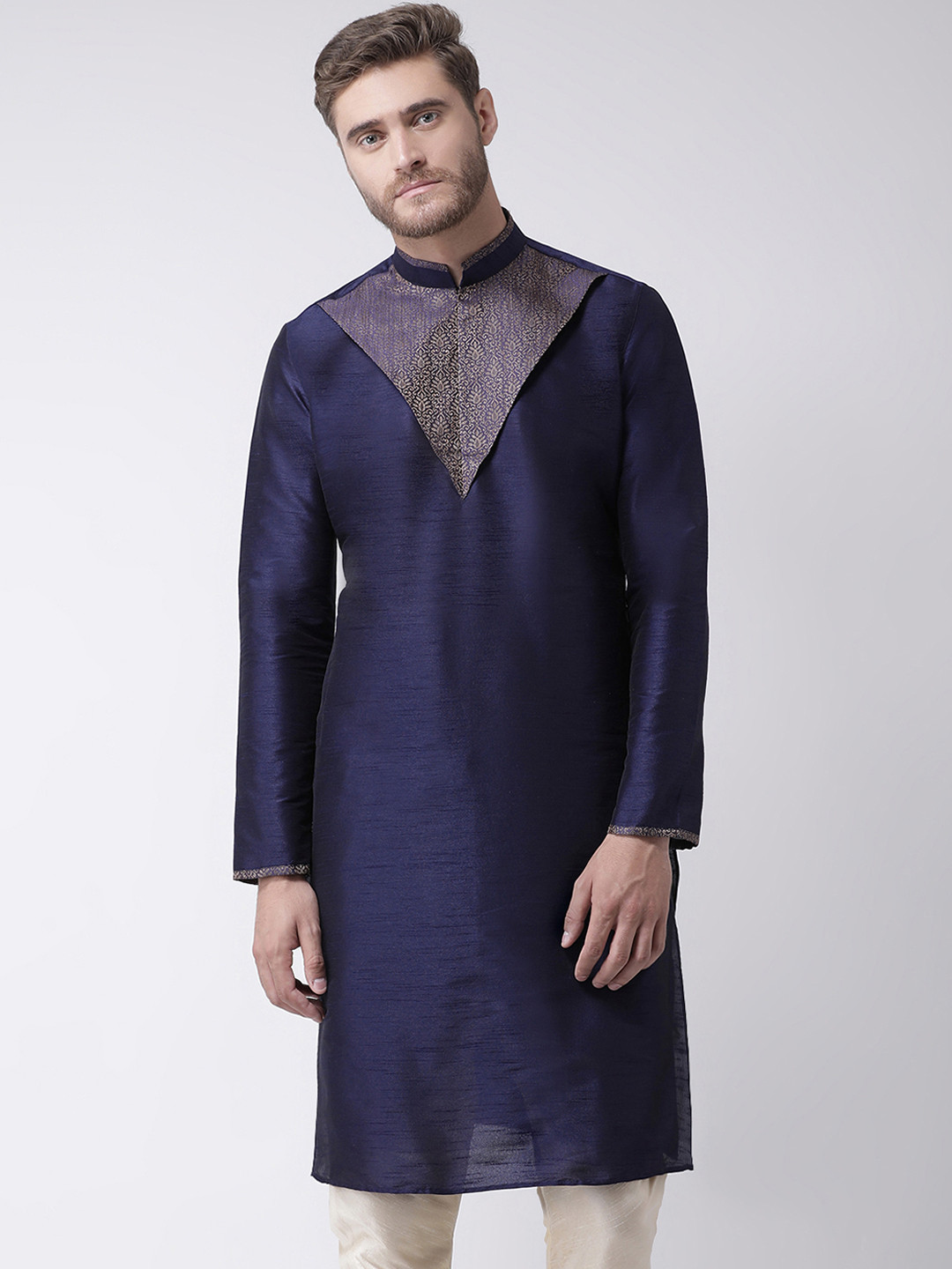 DEYANN Men Navy Blue Yoke Design Straight Kurta