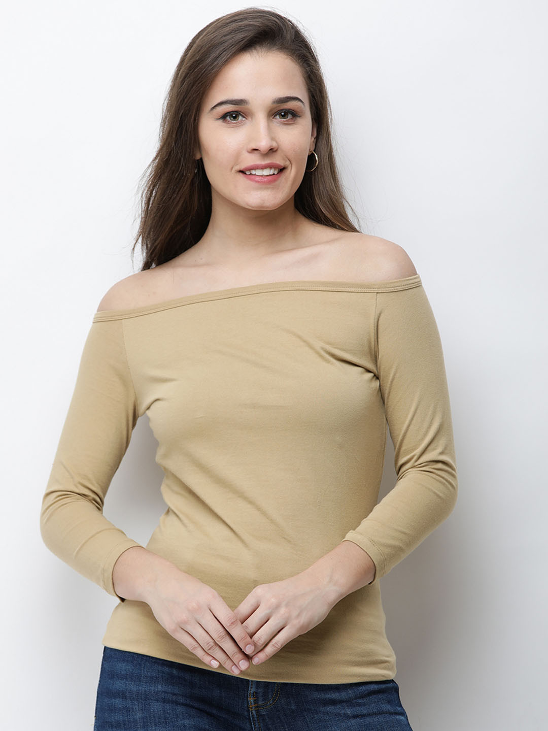 Cation Women Gold-Coloured Solid Bardot Top