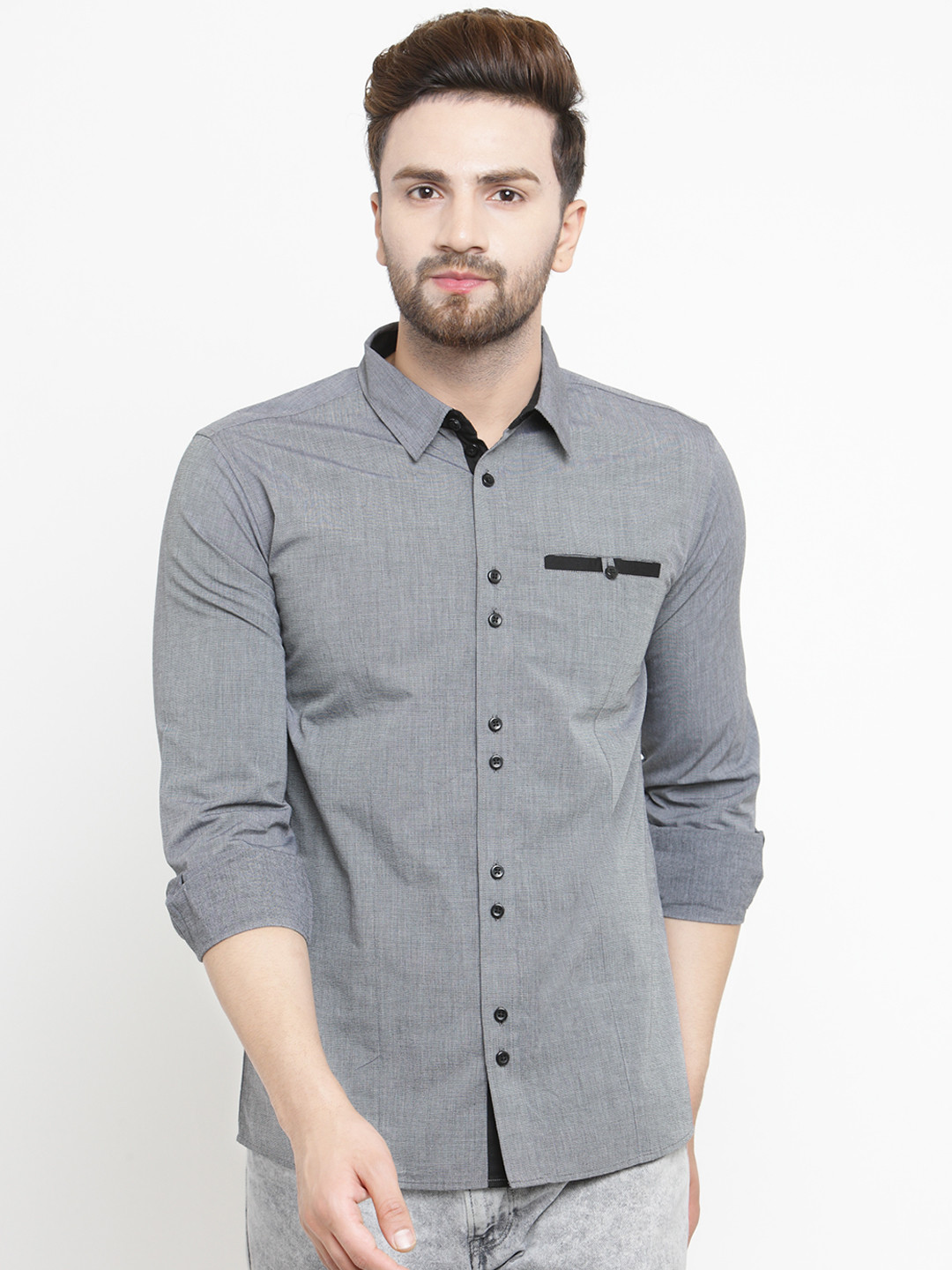 Purple State Men Grey Slim Fit Solid Casual Shirt