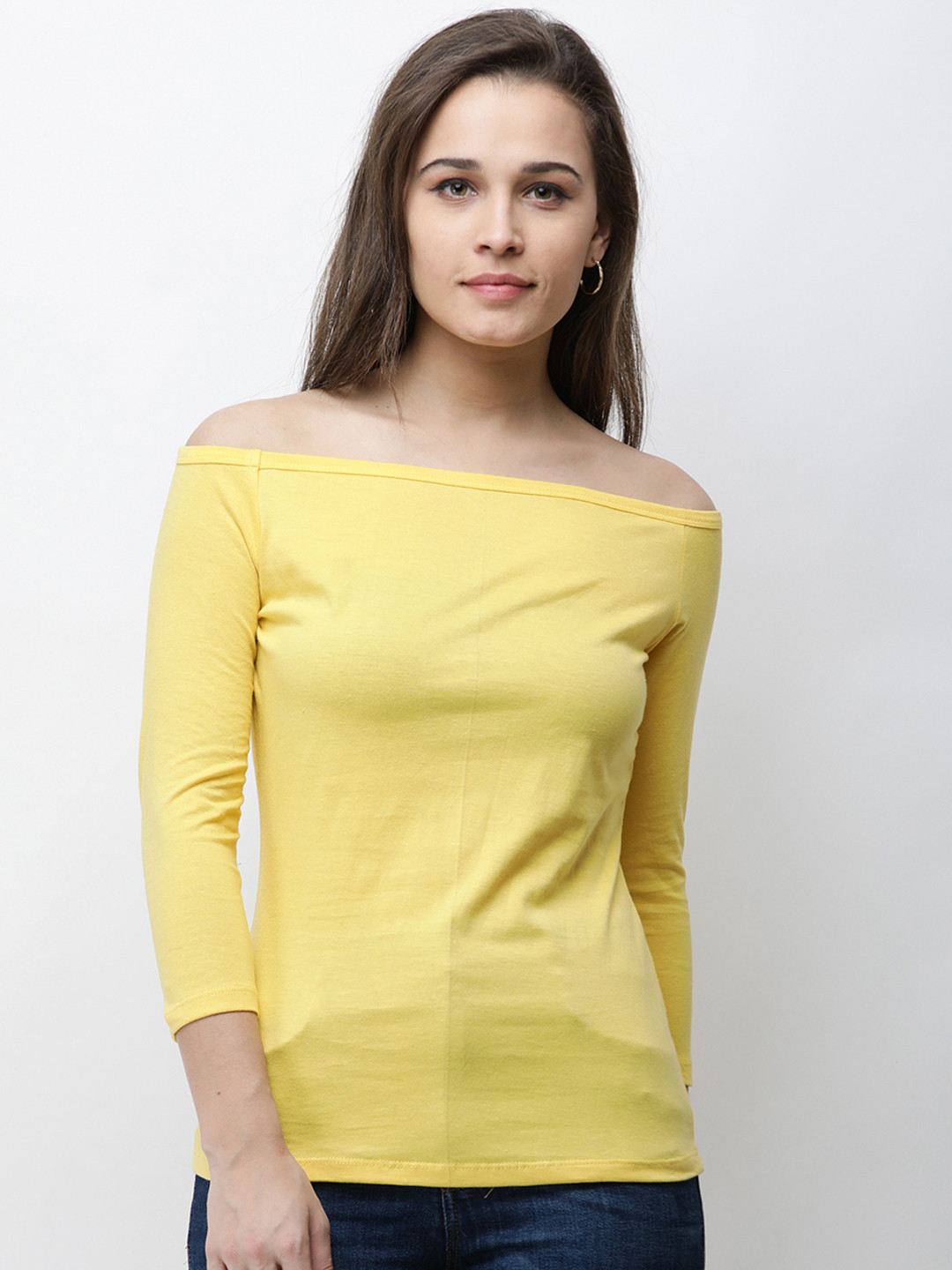 Cation Women Yellow Solid Bardot Top