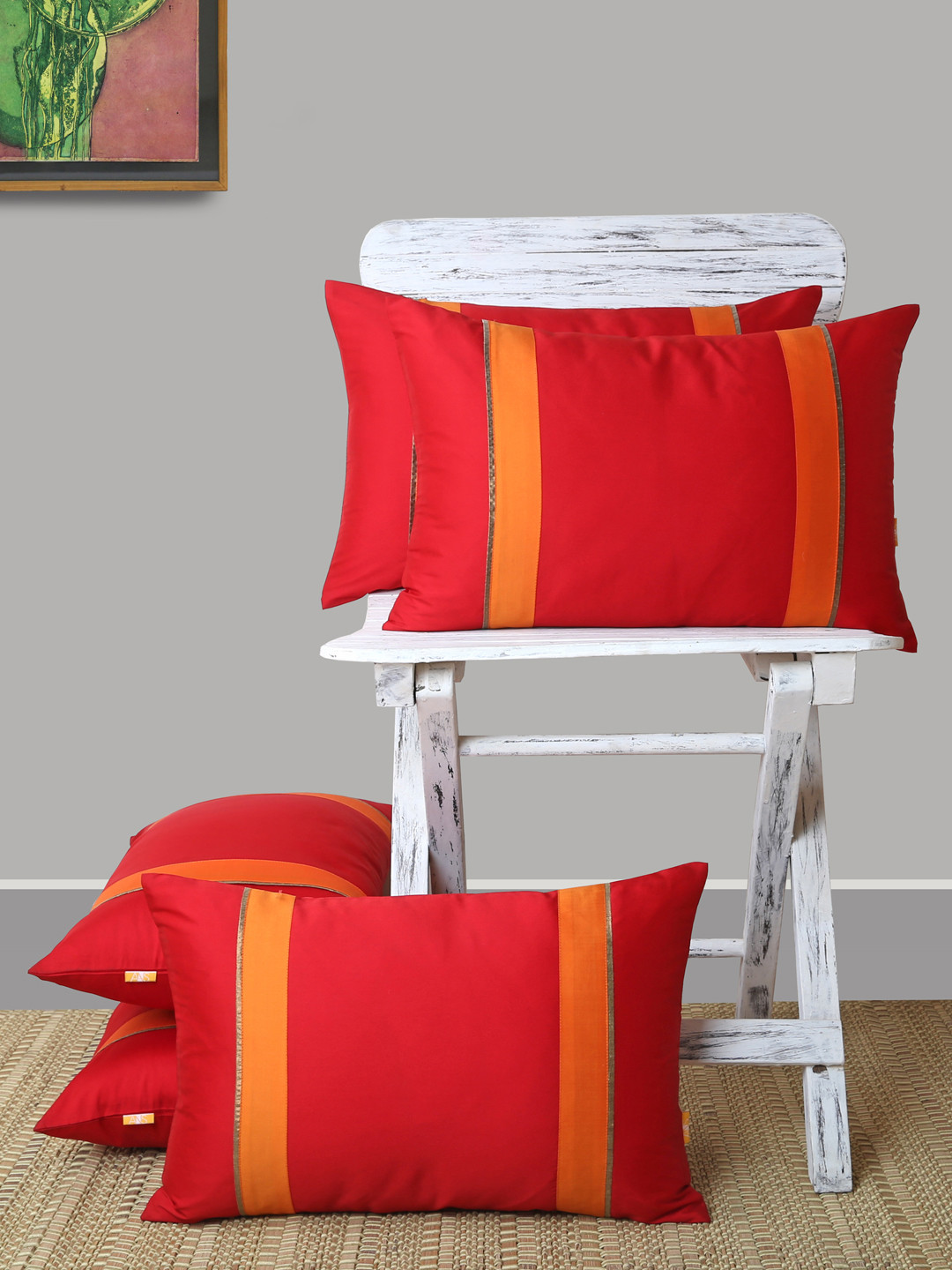ANS Red & Orange Set of 5 Striped Rectangle Cushion Covers