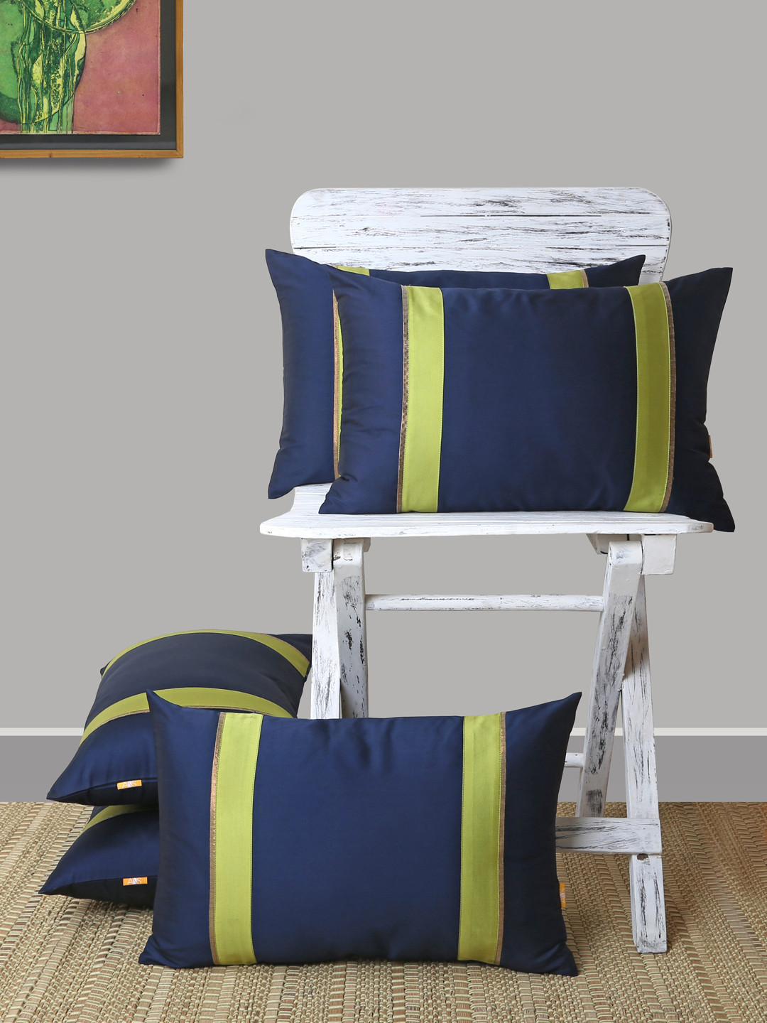 ANS Navy Blue & Lime Green Set of 5 Striped Rectangle Cushion Covers