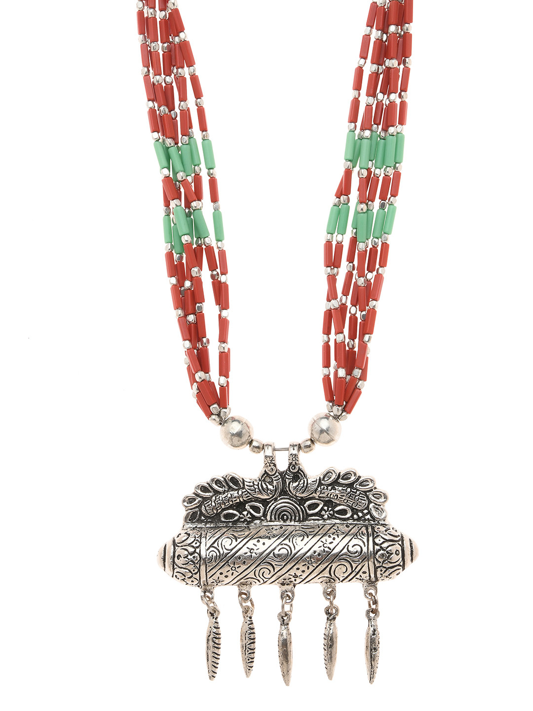 Bamboo Tree Jewels Red And Silver Handcrafted Necklace