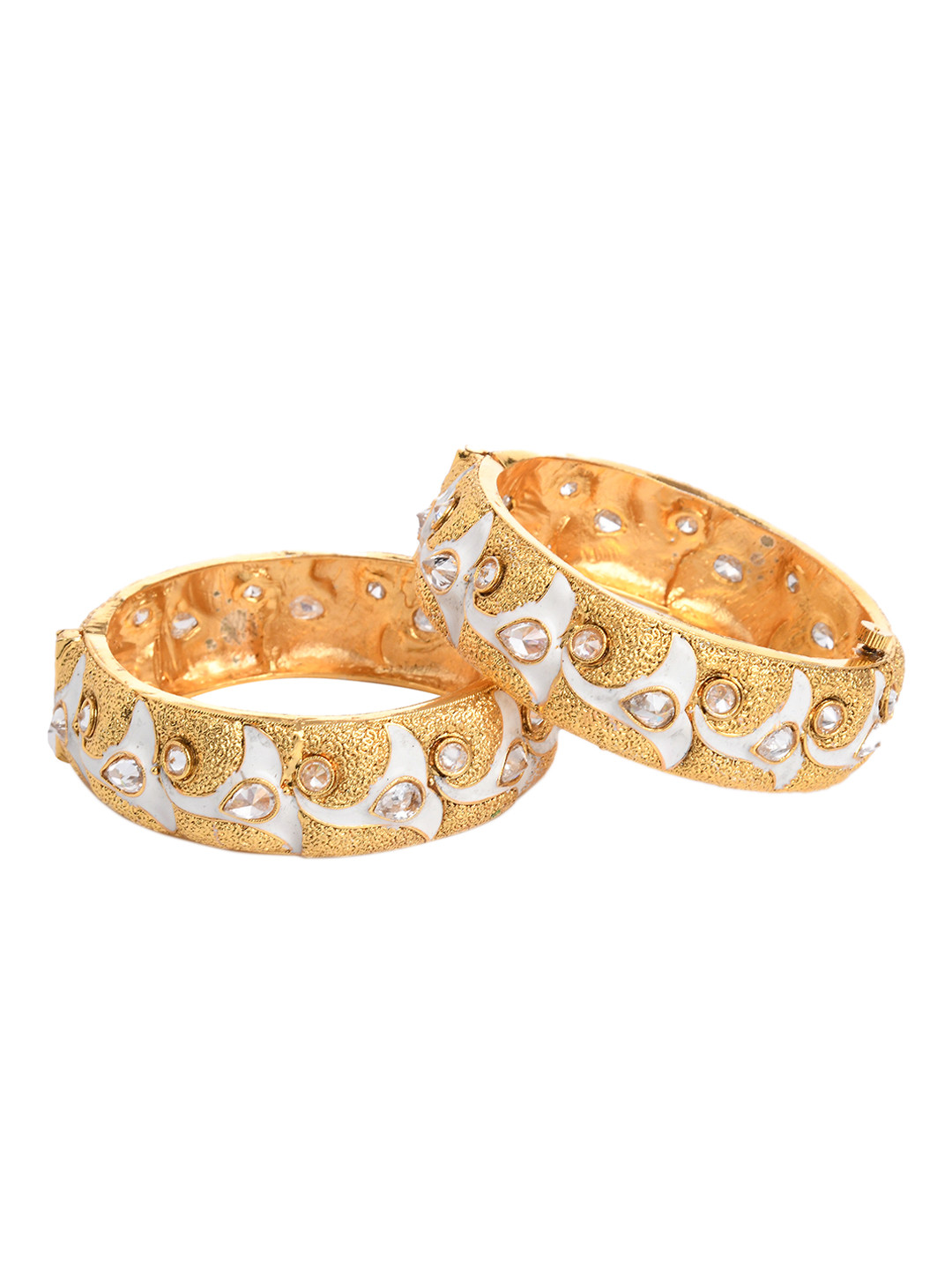 Bamboo Tree Jewels Set of 2 Gold-Toned & White Enamelled Kundan Studded Bangles