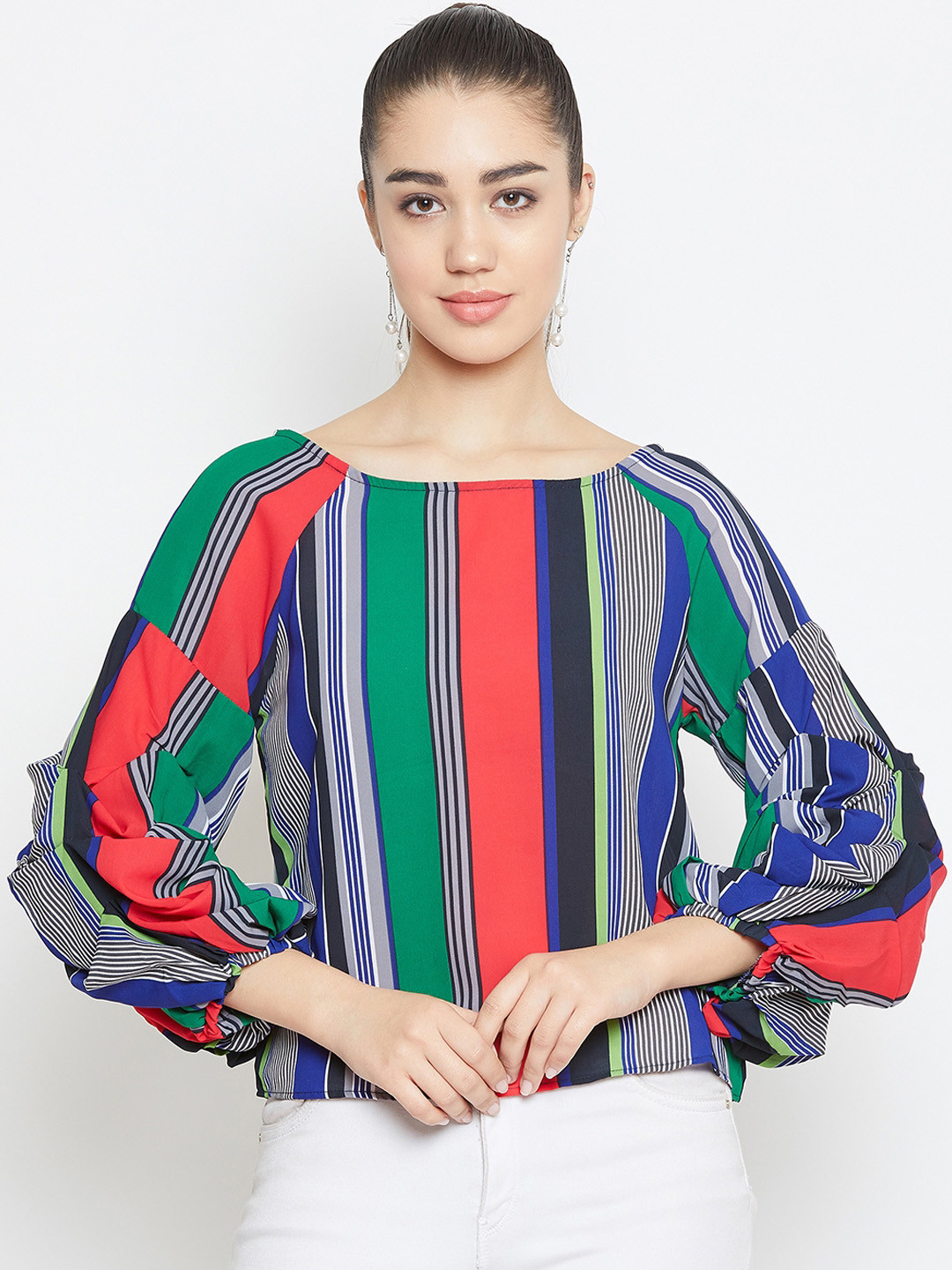 PURYS Women Green & Orange Candy Striped Top
