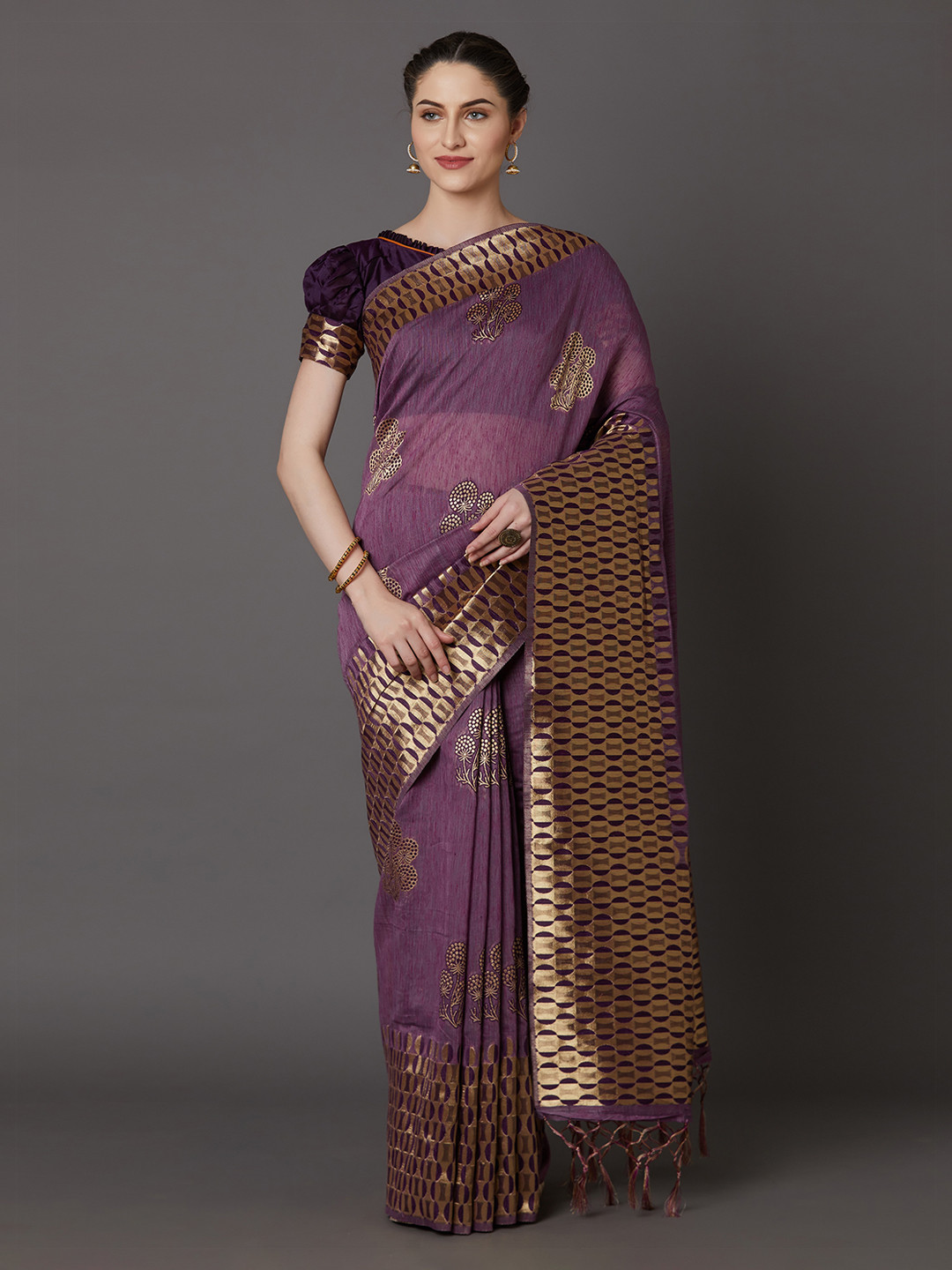Mitera Purple Silk Blend Woven Design Kanjeevaram Saree